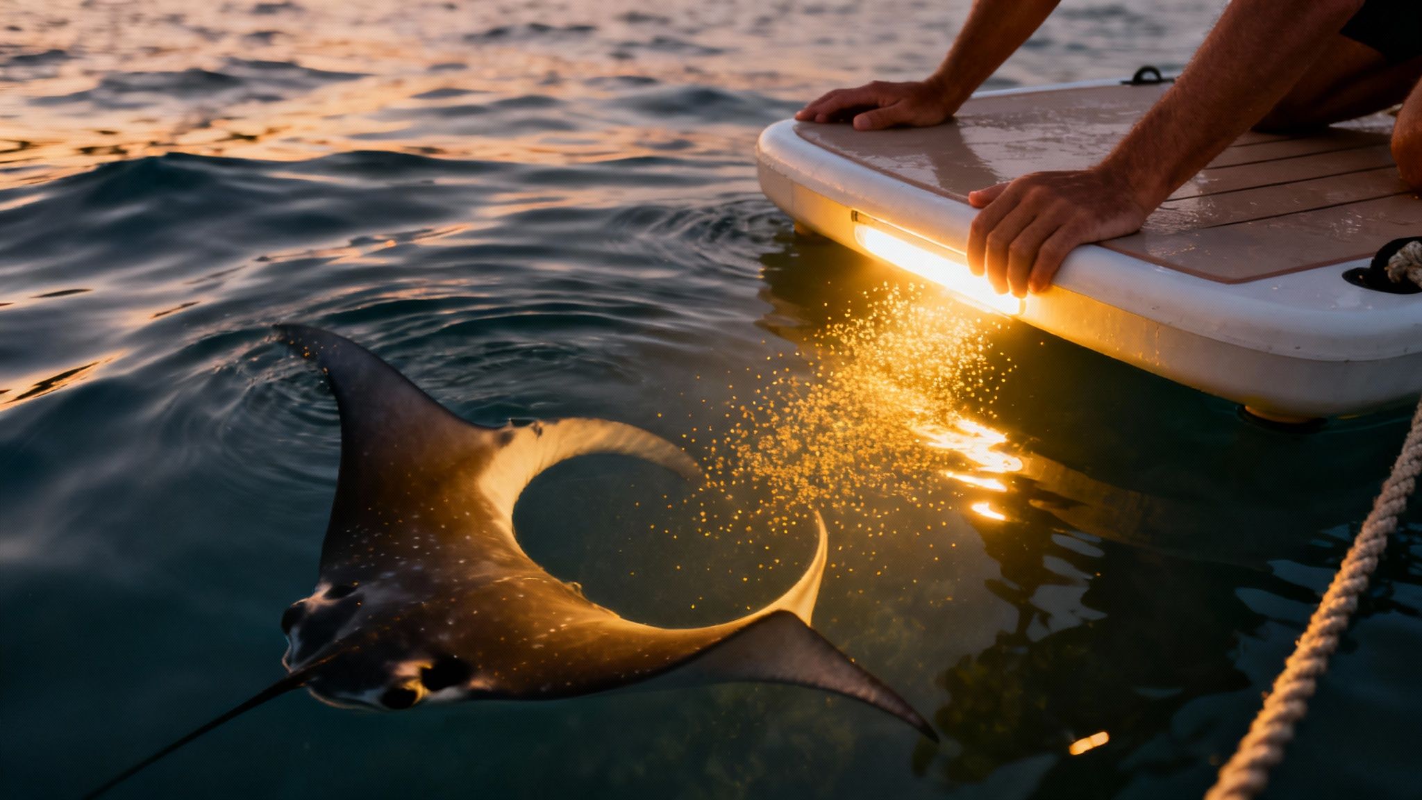 A manta ray gracefully swims next to a brightly lit paddleboard at sunset with a person on board.