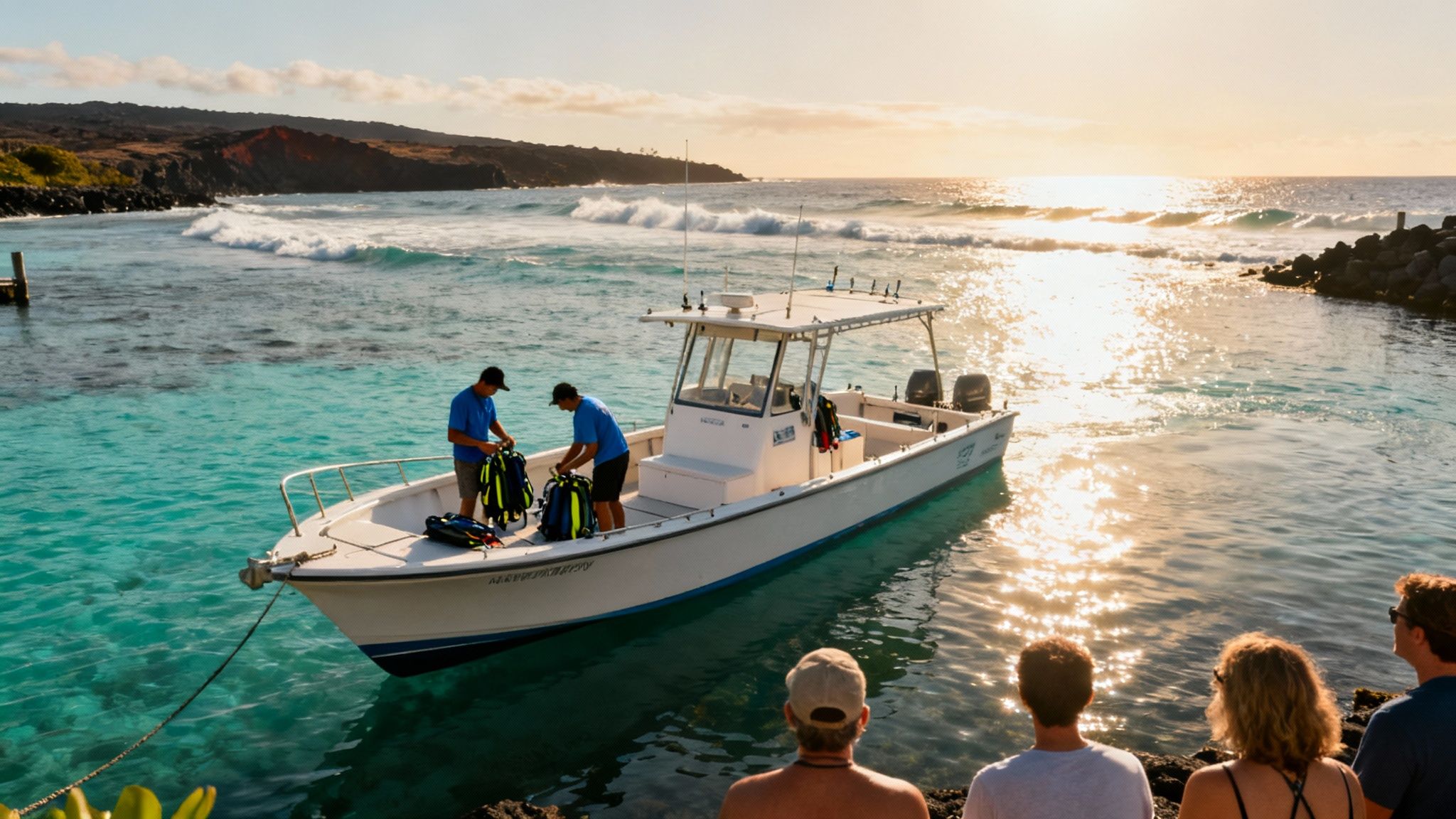 Two men prepare dive gear on a boat in clear water watched by spectators from the shore.