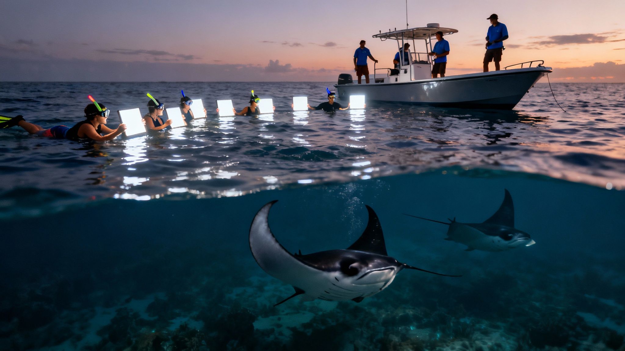 Snorkelers with illuminated boards observe majestic manta rays swimming below at dusk.