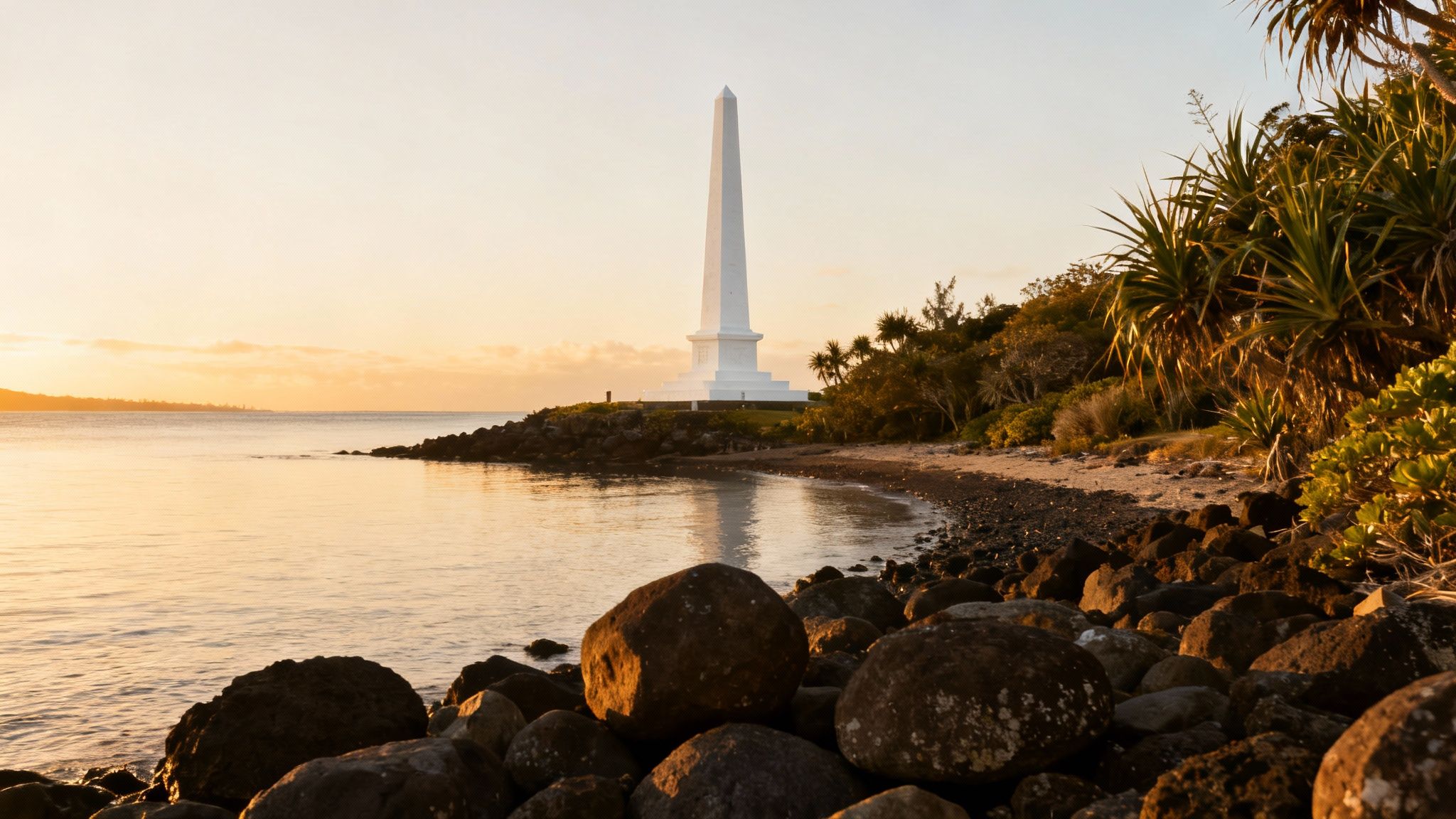 Sunrise illuminates a prominent white obelisk on a tranquil, rocky beach with warm reflections.