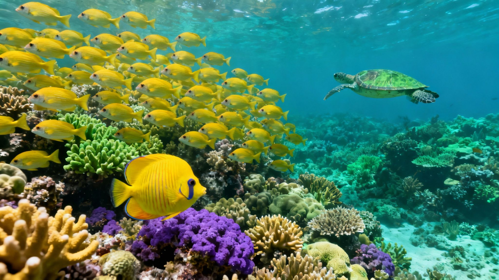 Vibrant coral reef teeming with yellow fish, a graceful sea turtle, and diverse marine life.