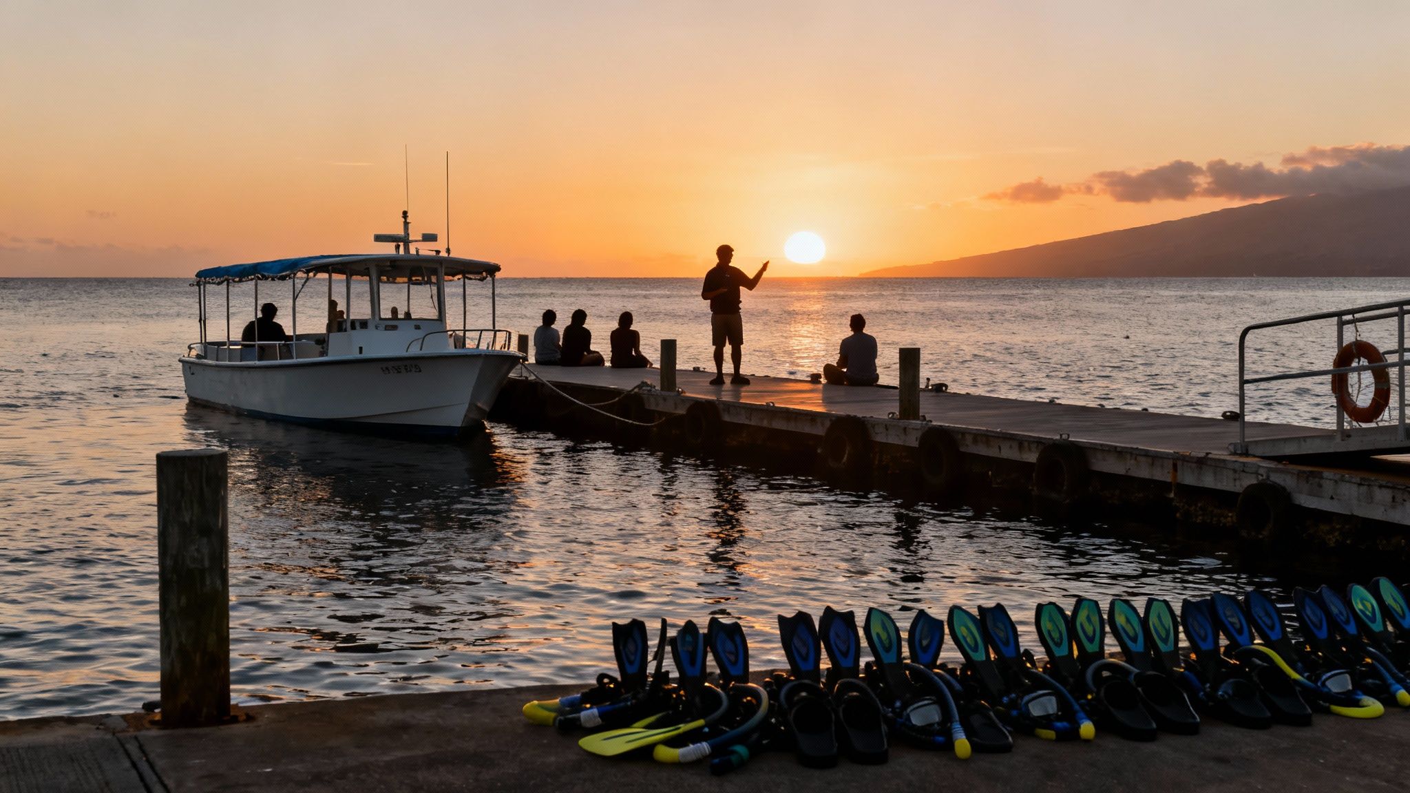 Silhouetted people on a pier during sunset with a boat and snorkeling gear in Hawaii.