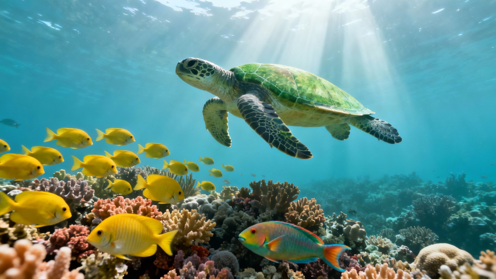 A majestic green sea turtle swims gracefully above a vibrant coral reef teeming with yellow fish.