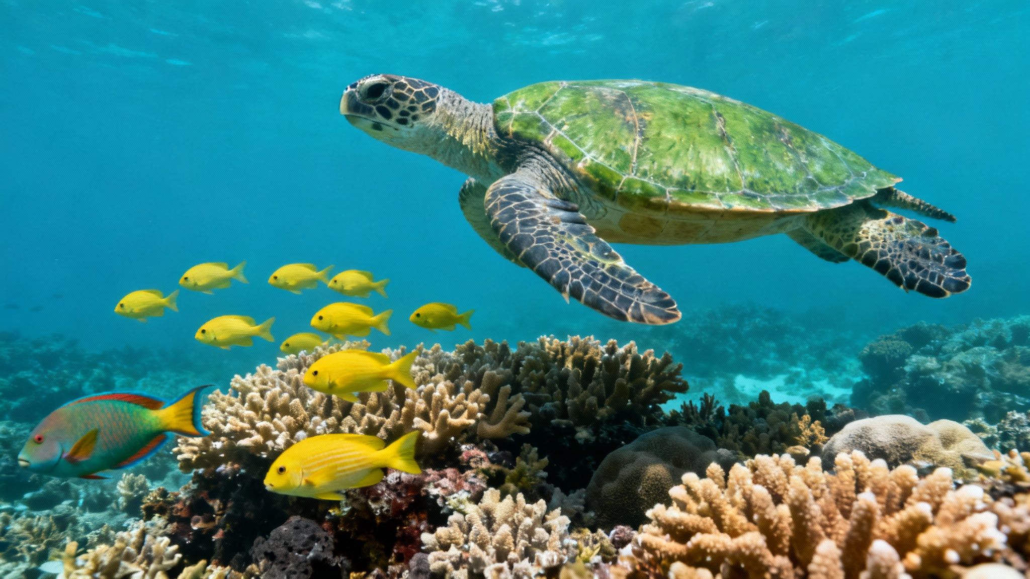 A magnificent green sea turtle glides through clear blue water above a vibrant coral reef, with schools of fish.