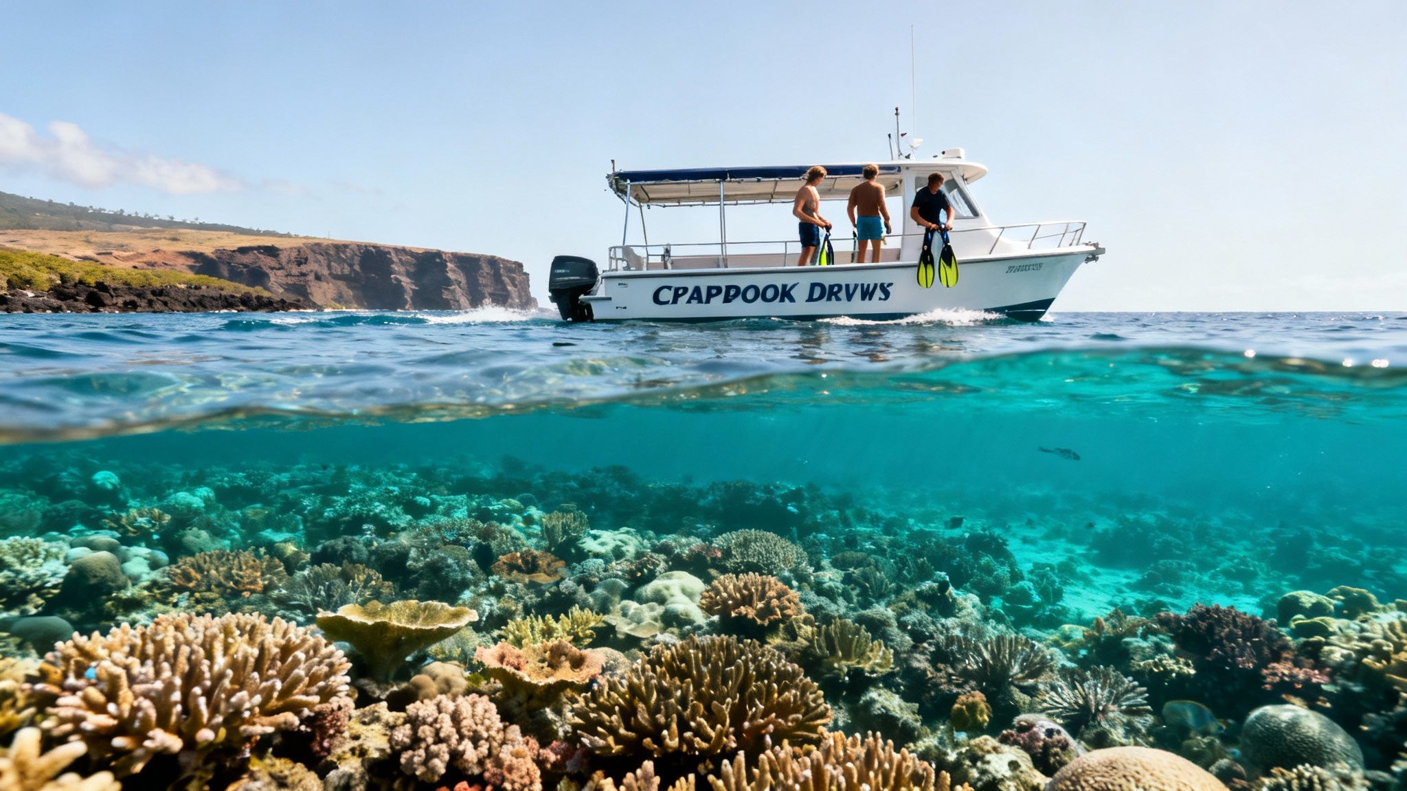 A snorkeler swims above a vibrant coral reef teeming with colorful fish in Kealakekua Bay.