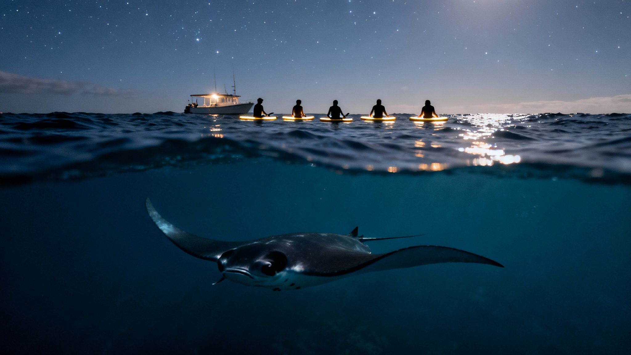 Split image of a manta ray underwater and people on illuminated paddleboards under a starry night.