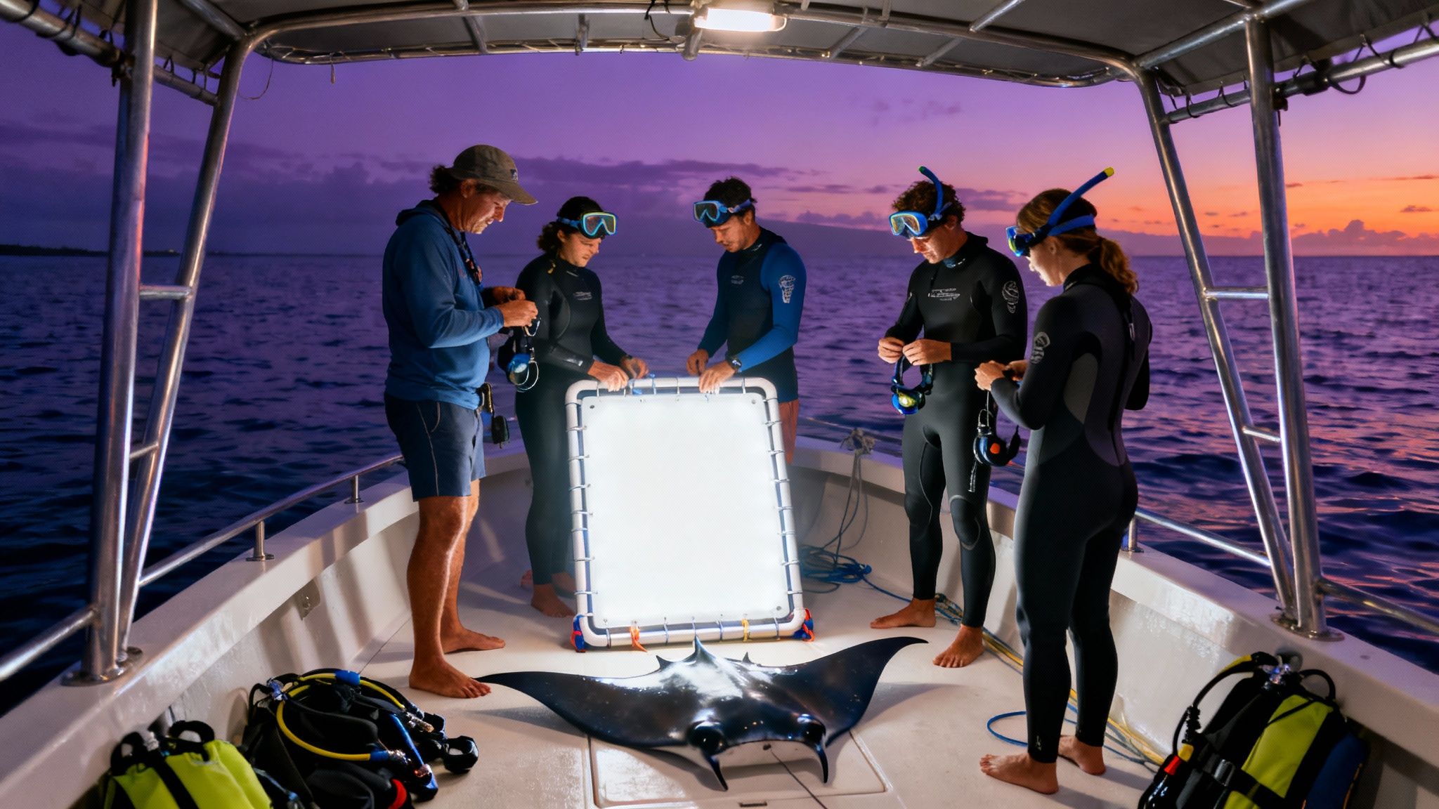 Five people in wetsuits and masks prepare for a night manta ray snorkel on a boat.