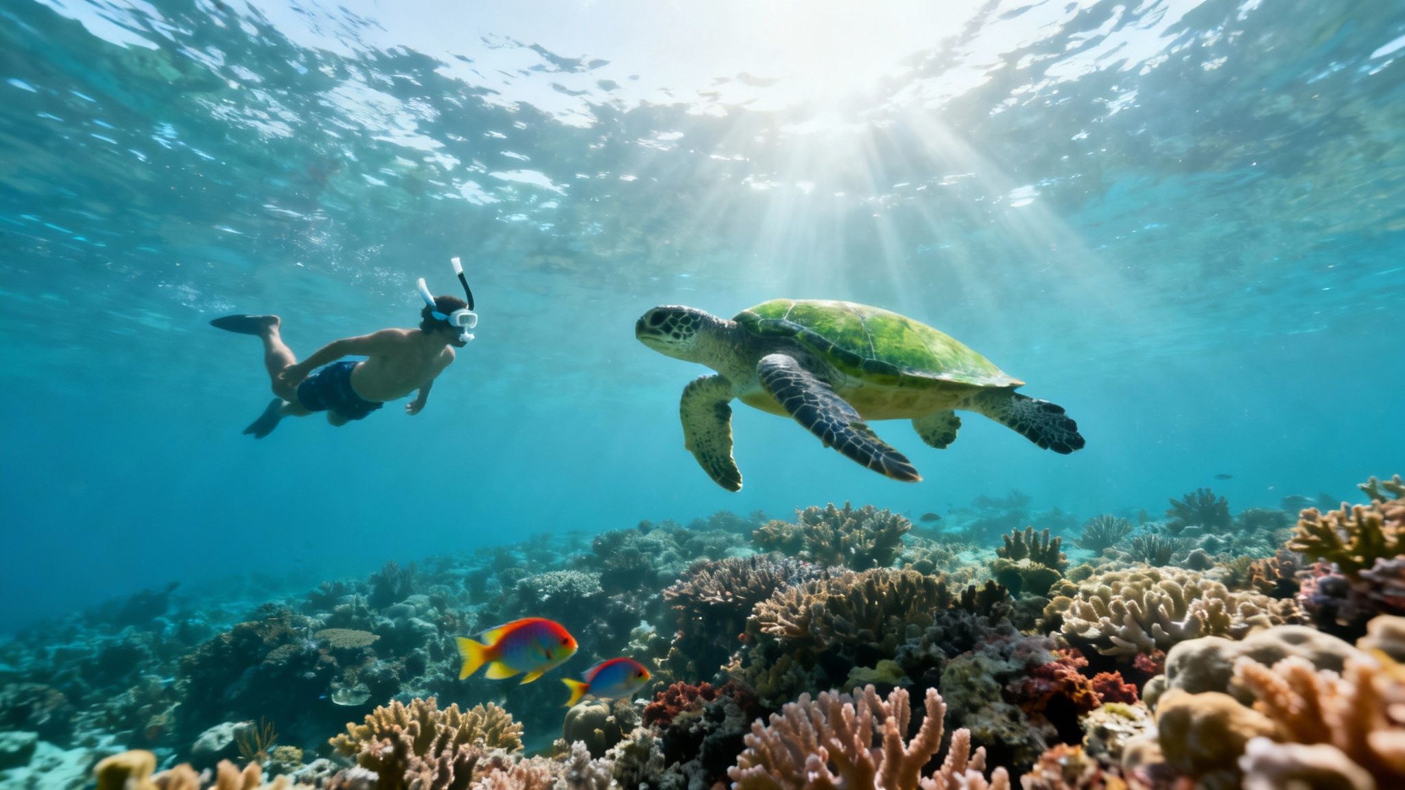 A vibrant underwater scene with coral and tropical fish in Kealakekua Bay