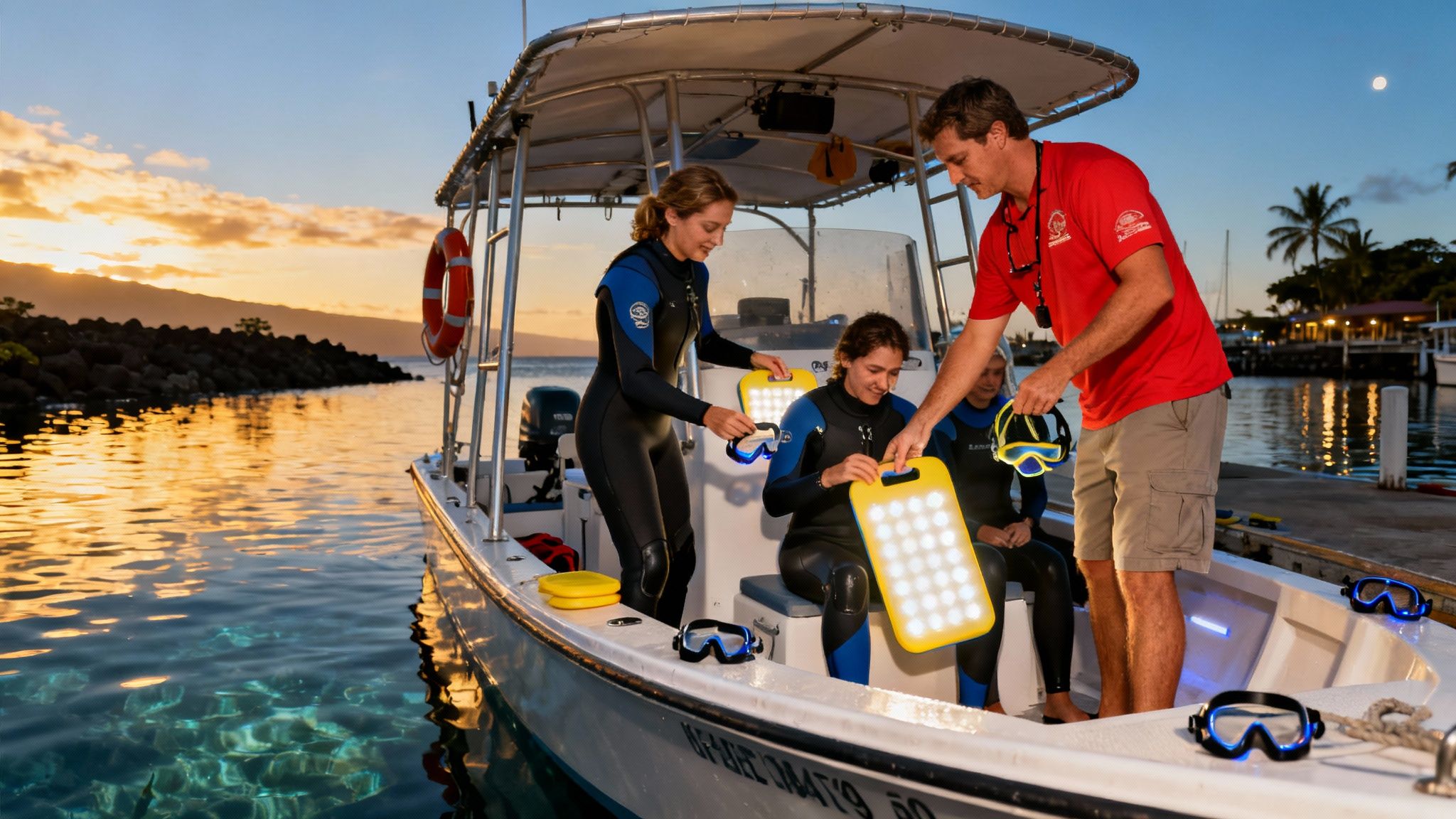 People on a boat at dusk preparing for a night snorkel with illuminated boards and diving masks.