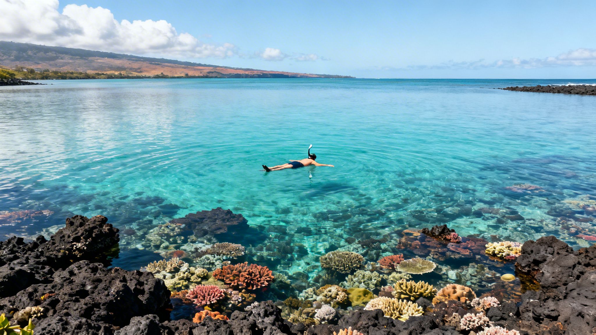 A person snorkeling over colorful coral reefs in crystal-clear turquoise water near a tropical coast.