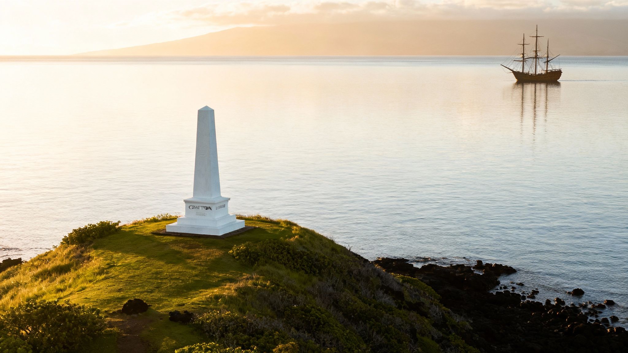 Captain Cook monument on a green cliff overlooking a calm bay with a historic sailing ship at sunset.
