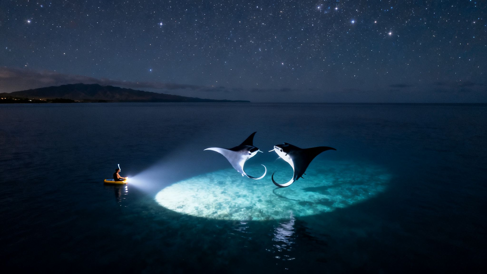 A person on a raft shines a light on two manta rays swimming under a starry night sky.
