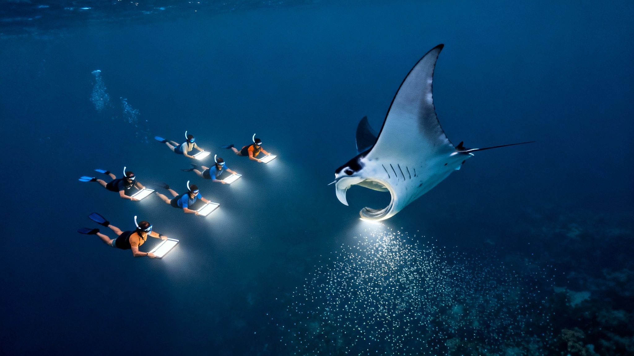 People snorkeling with glowing panels attract a large manta ray feeding on plankton underwater.