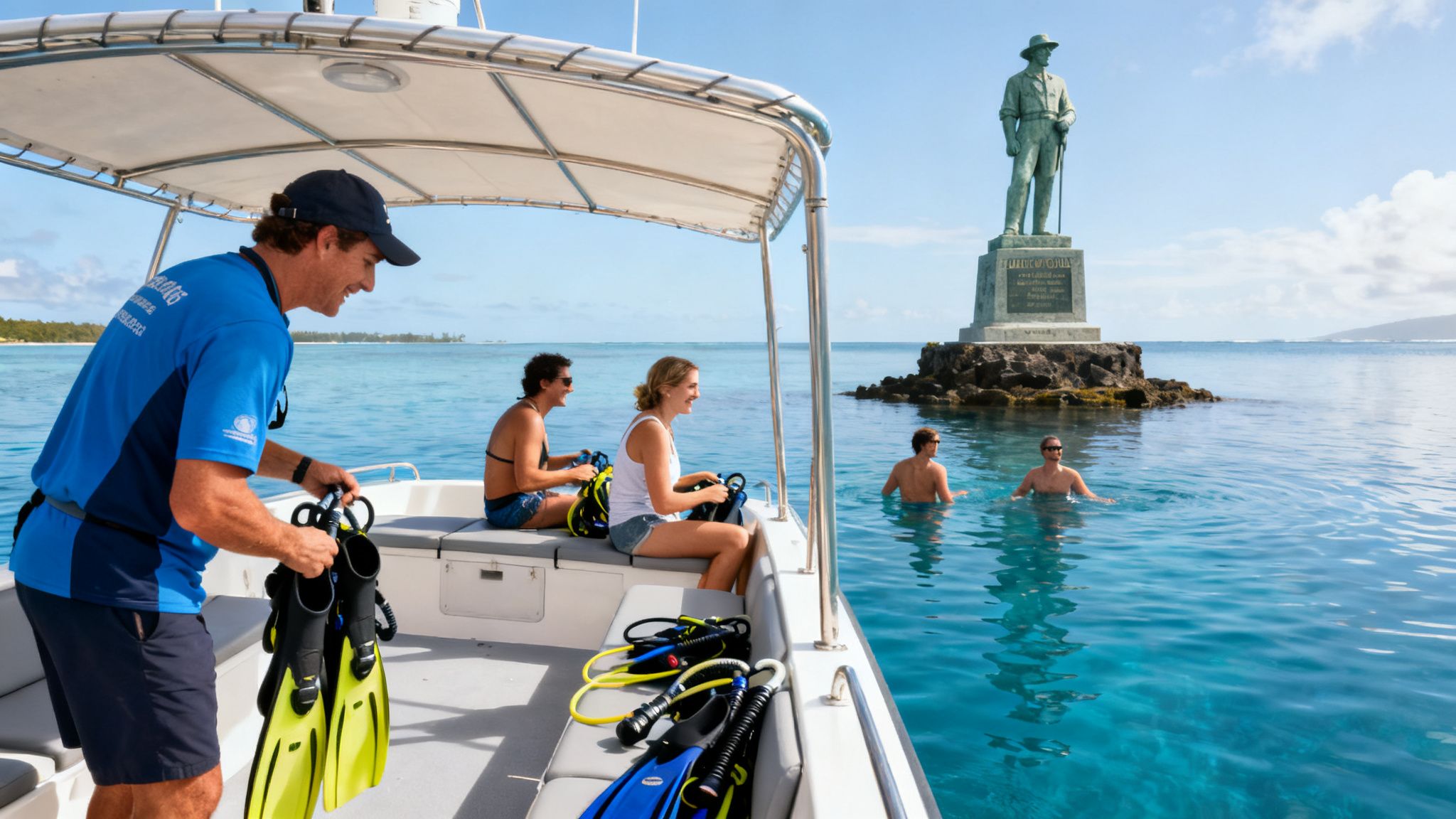 A group of people on a boat preparing to snorkel near the Captain Cook monument in clear blue water.