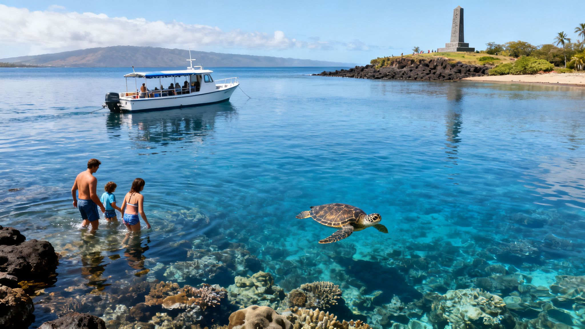 Family wading in clear ocean water with a sea turtle, boat, and monument.