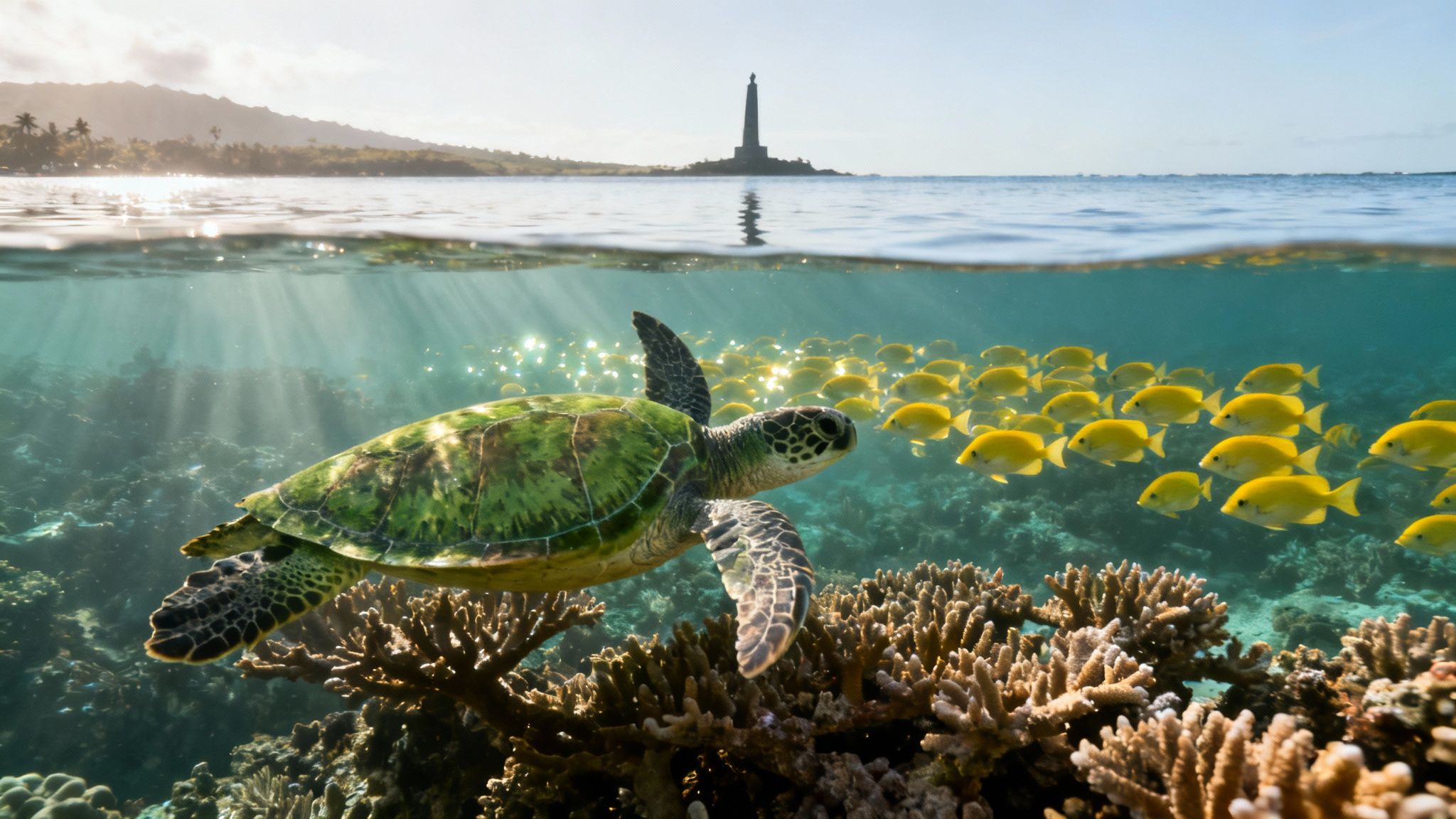 A stunning split-level view of a sea turtle, coral reef, school of fish, and a distant lighthouse.