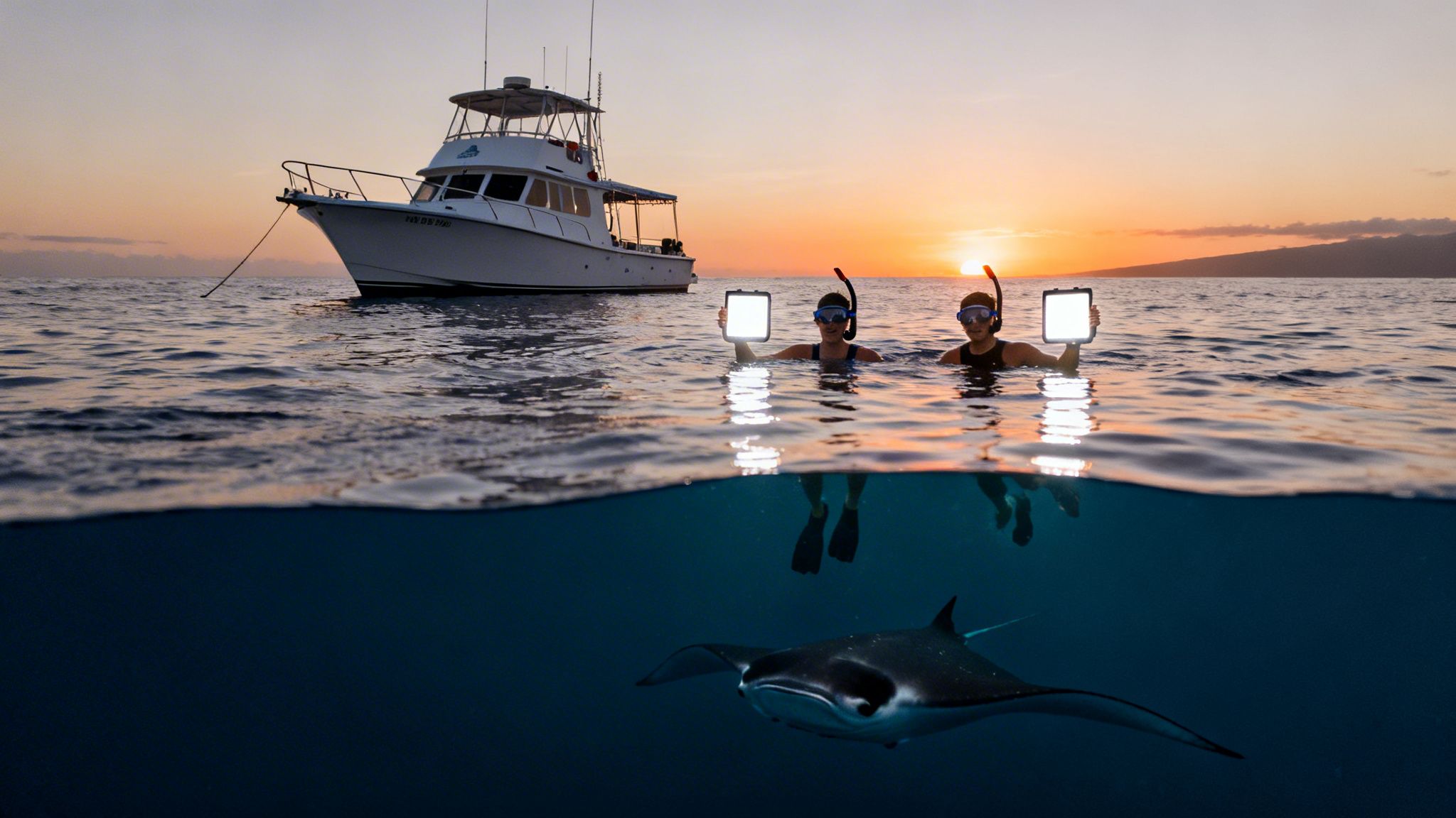 Two snorkelers with glowing tablets observe a manta ray underwater at sunset near a boat.