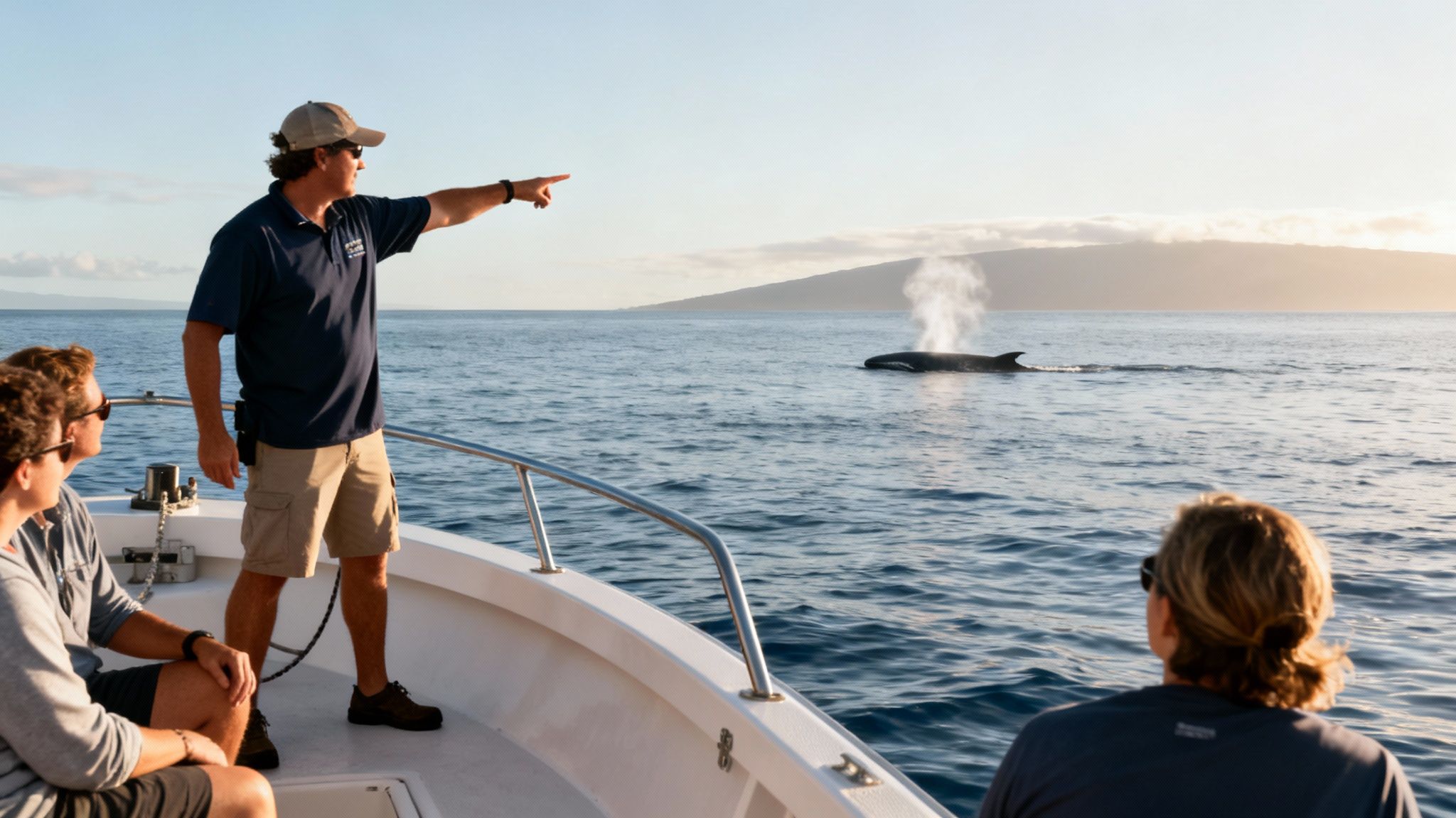 A guide points to a whale spouting water from a boat during a whale watching tour.