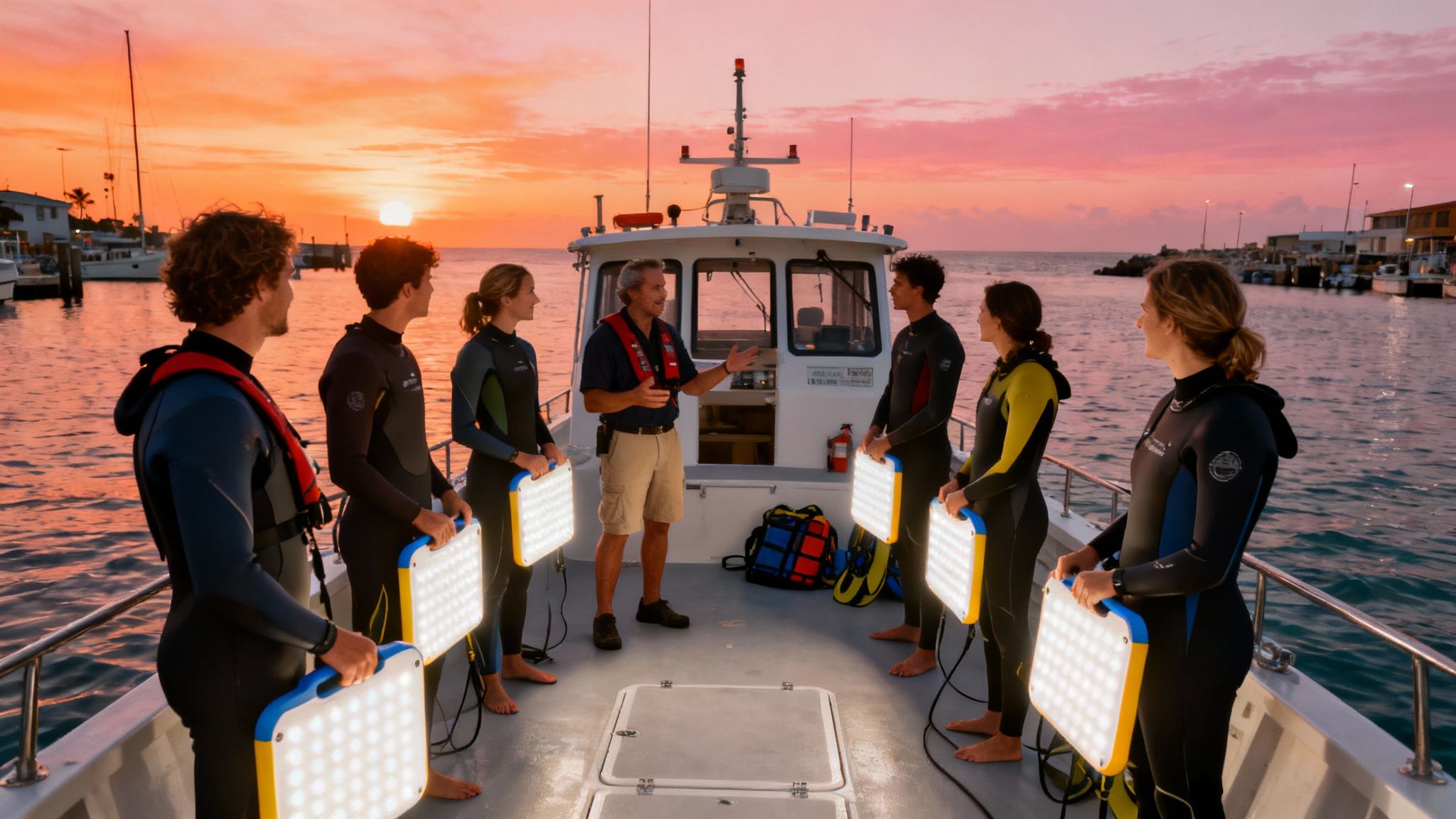 People in wetsuits on a boat listen to an instructor at sunset, holding glowing dive lights.