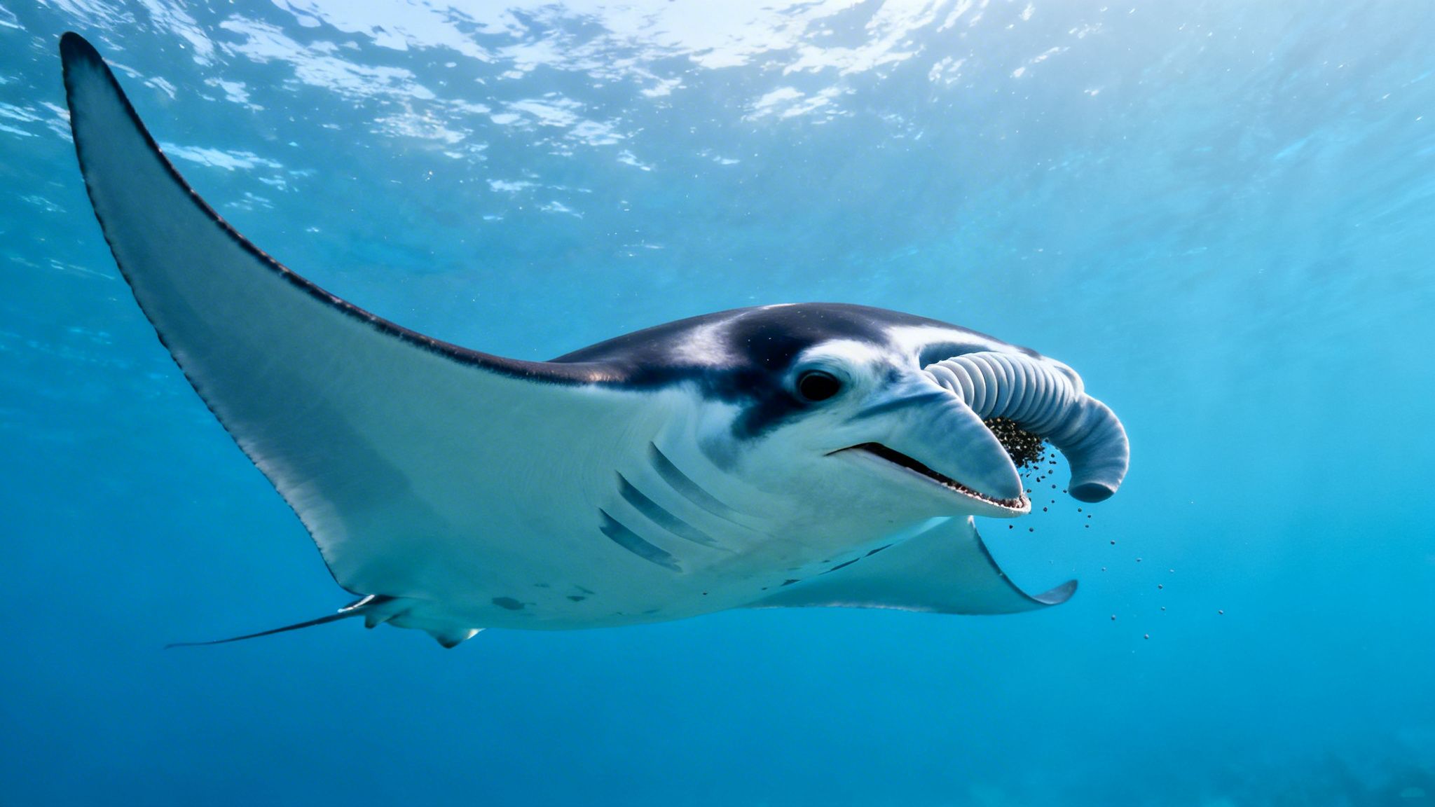 A majestic manta ray gracefully swimming and feeding on small particles in clear blue water.