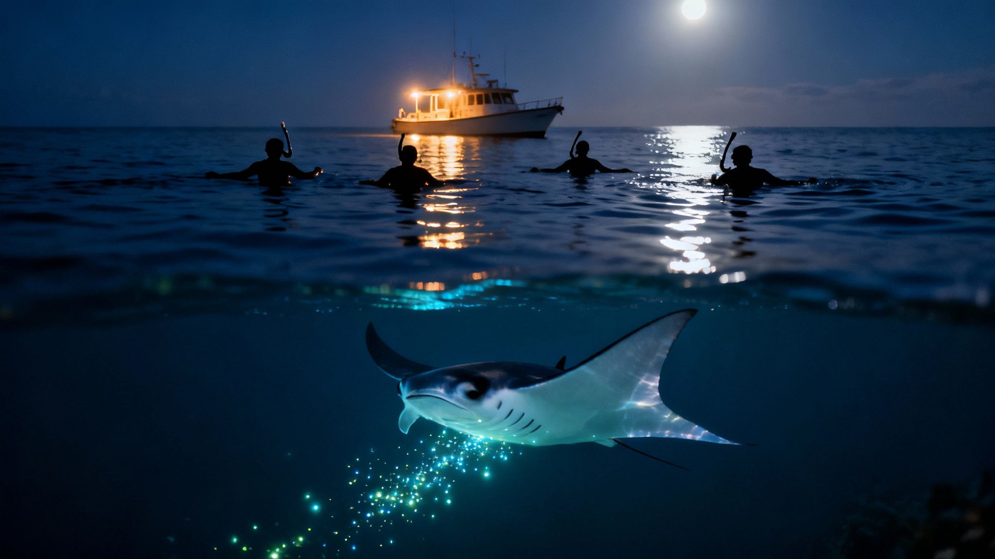 Manta ray swims with glowing trail underwater as snorkelers and boat observe under moonlight.