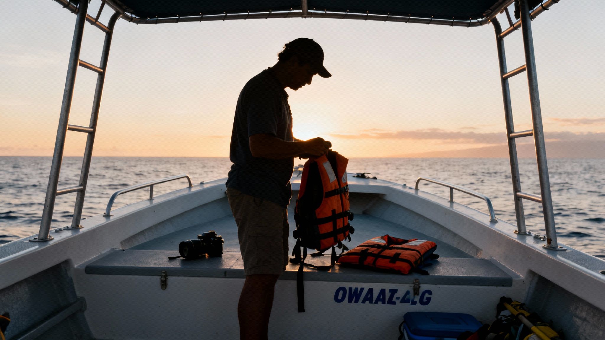 A distant view of a humpback whale breaching with the lush green hills of the Big Island in a background.