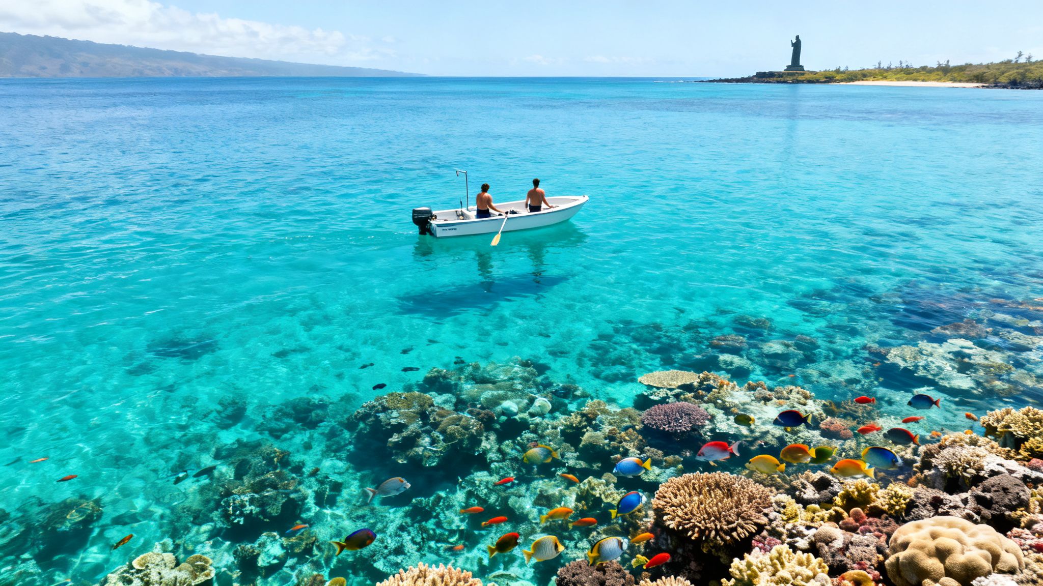 Two people in a boat on clear turquoise water above a vibrant coral reef filled with colorful fish.