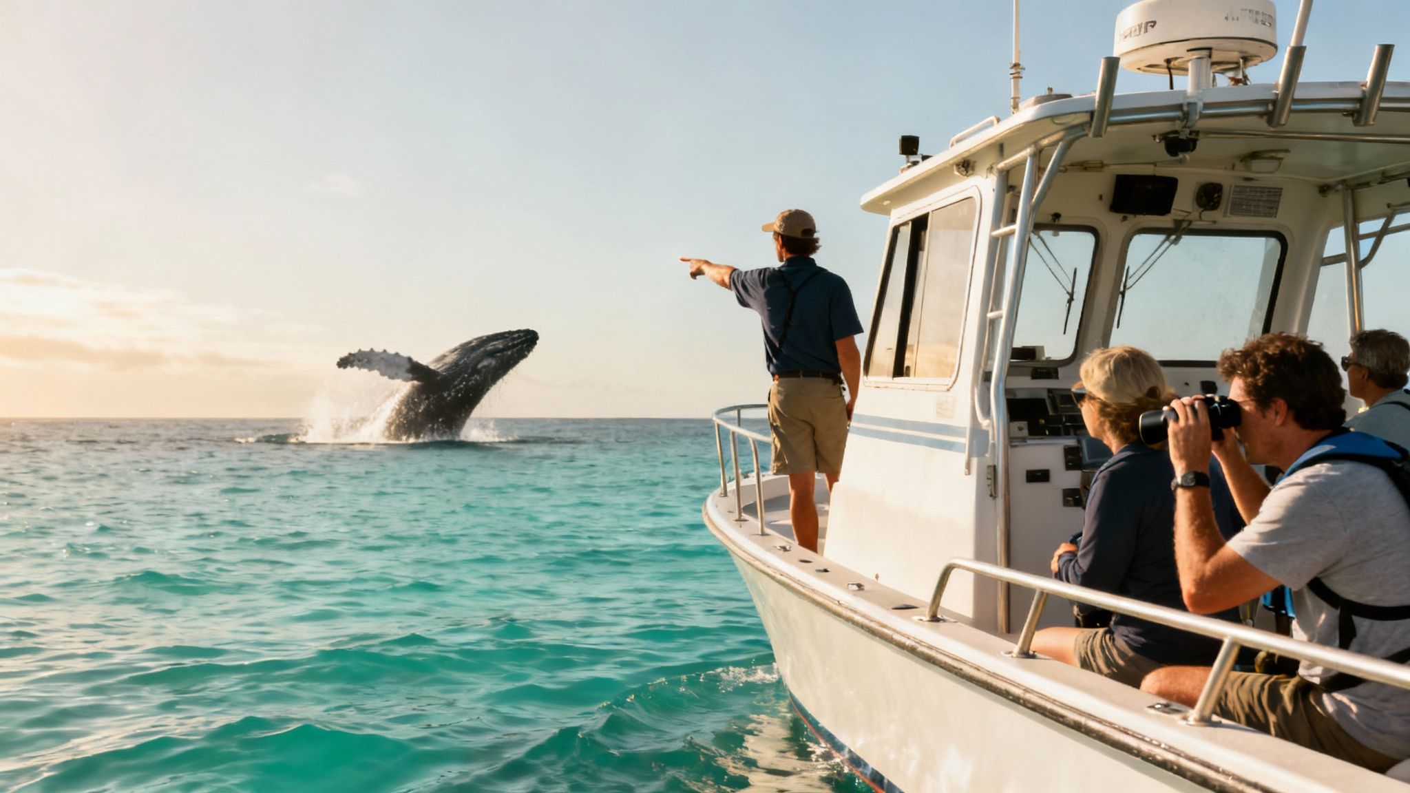 Whale watching tour group seeing a whale breach near Kona