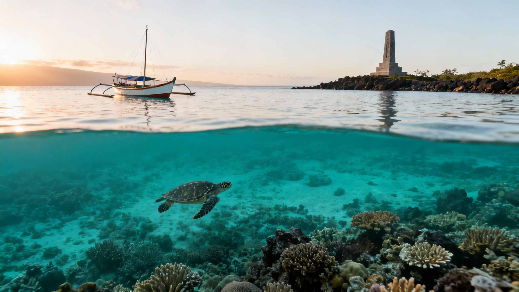 Split shot of sea turtle and coral reef underwater, with boat and monument above at sunset.