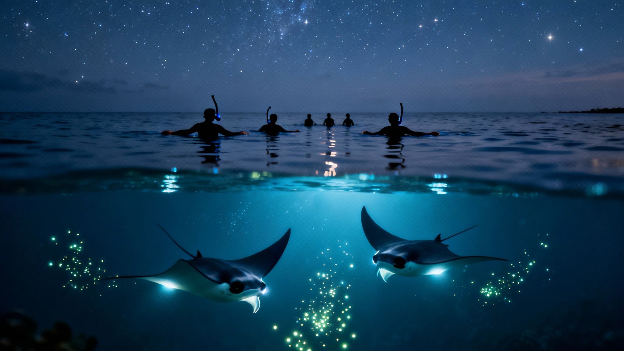 Silhouetted snorkelers watch glowing manta rays under a star-filled night sky, split view.