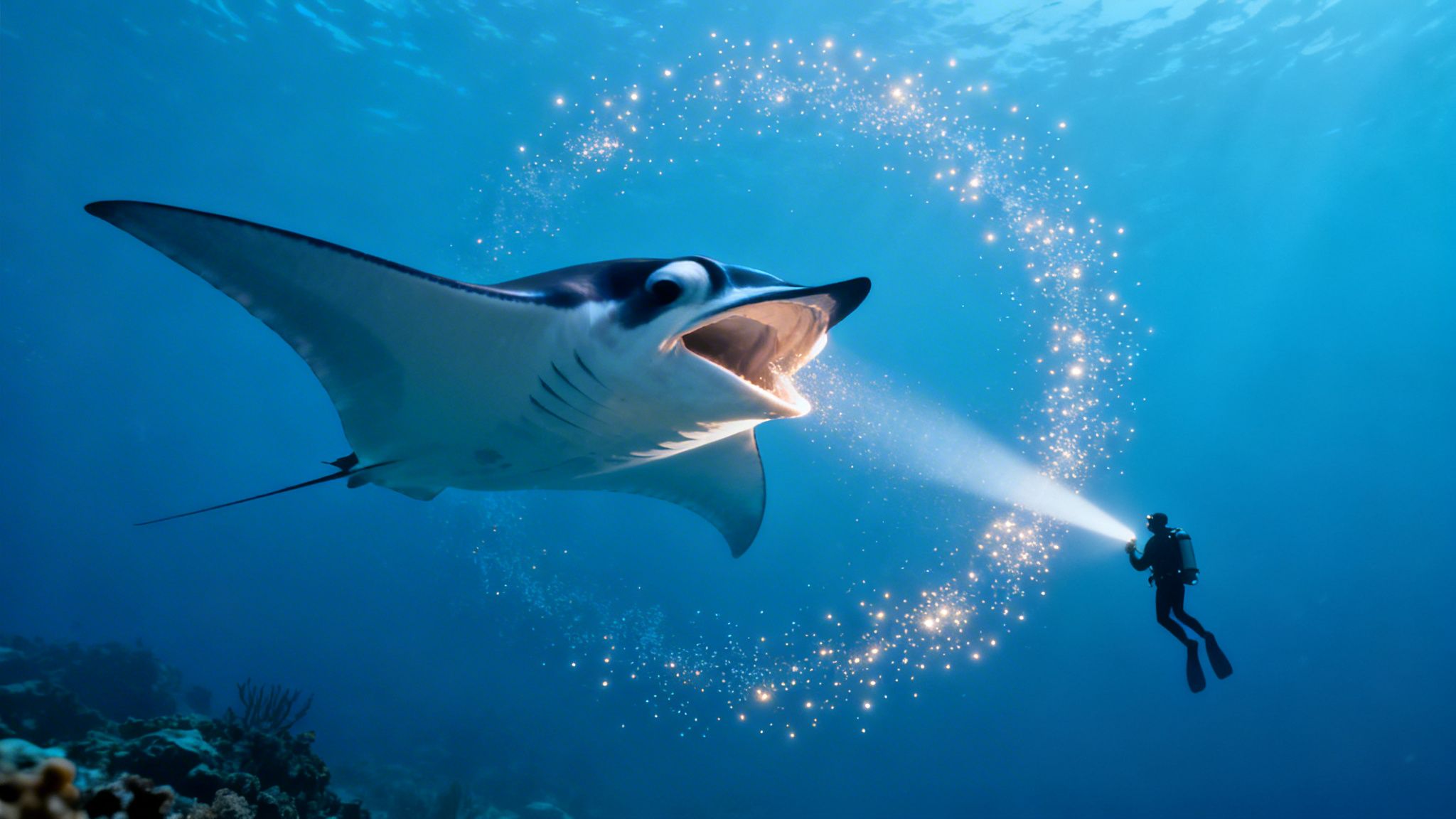 A scuba diver shines a light on a large manta ray with its mouth open, illuminating sparkling plankton.