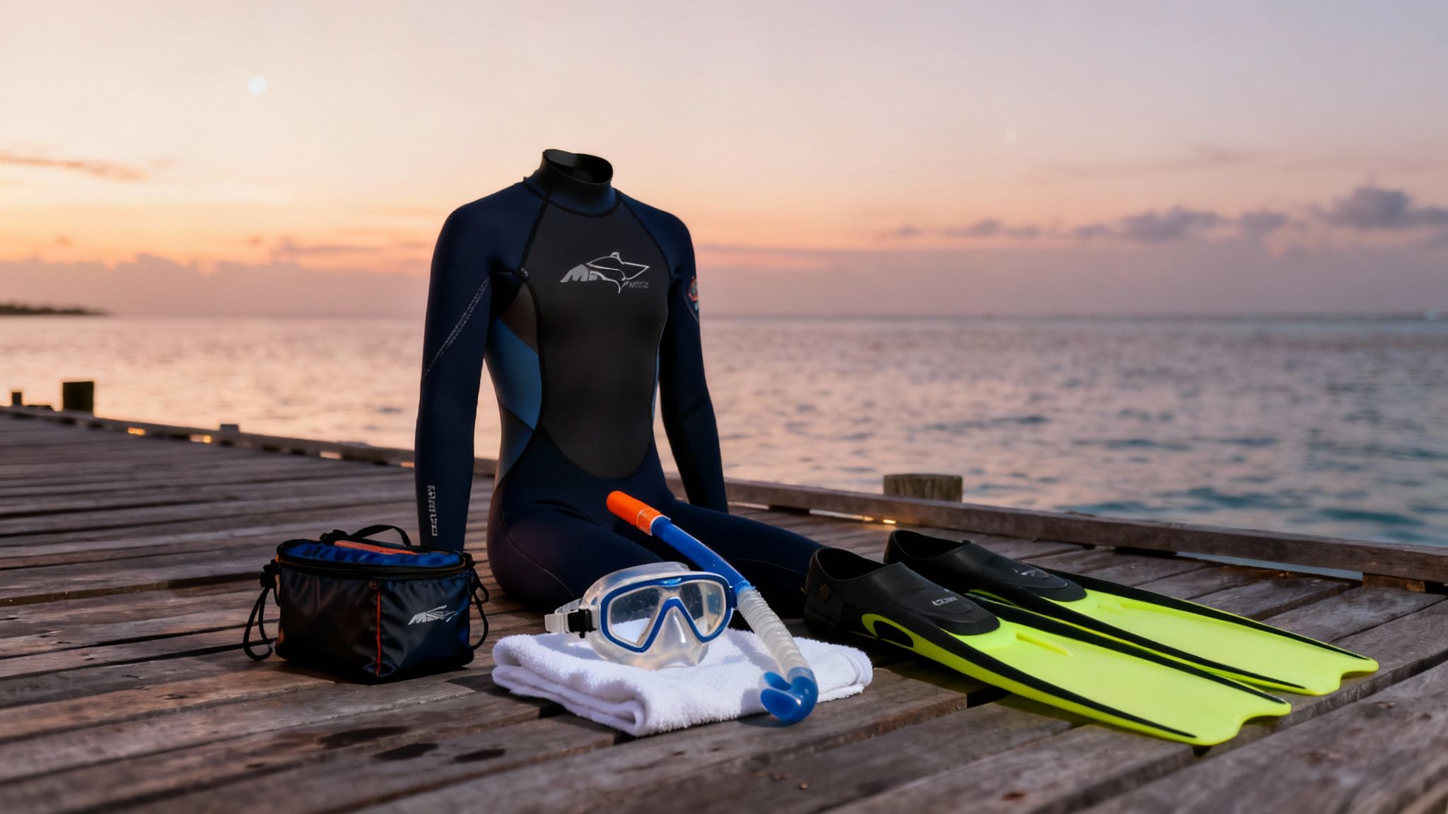 A wetsuit, snorkel mask, snorkel, and fins laid out on a wooden pier at sunset, overlooking the ocean.
