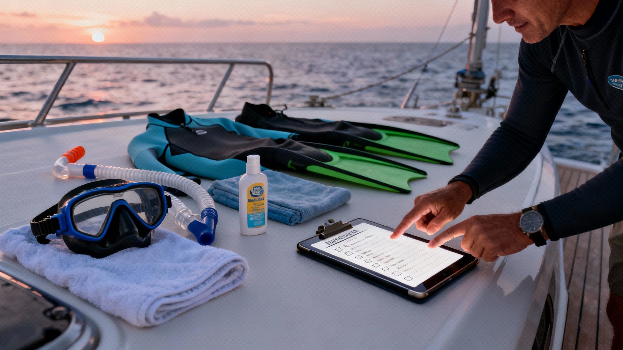 A person on a boat prepares snorkeling gear, checking a list on a tablet at sunset.