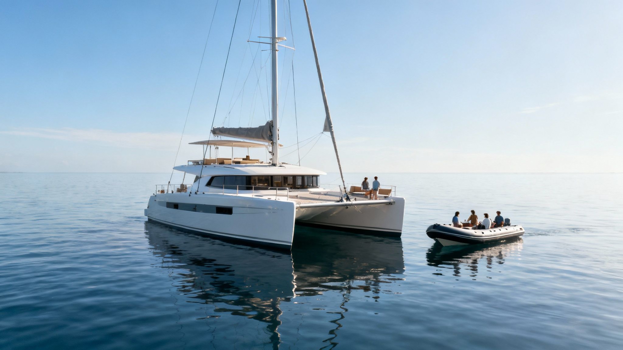 A luxurious white catamaran sailboat and a dinghy with people on calm blue ocean water.
