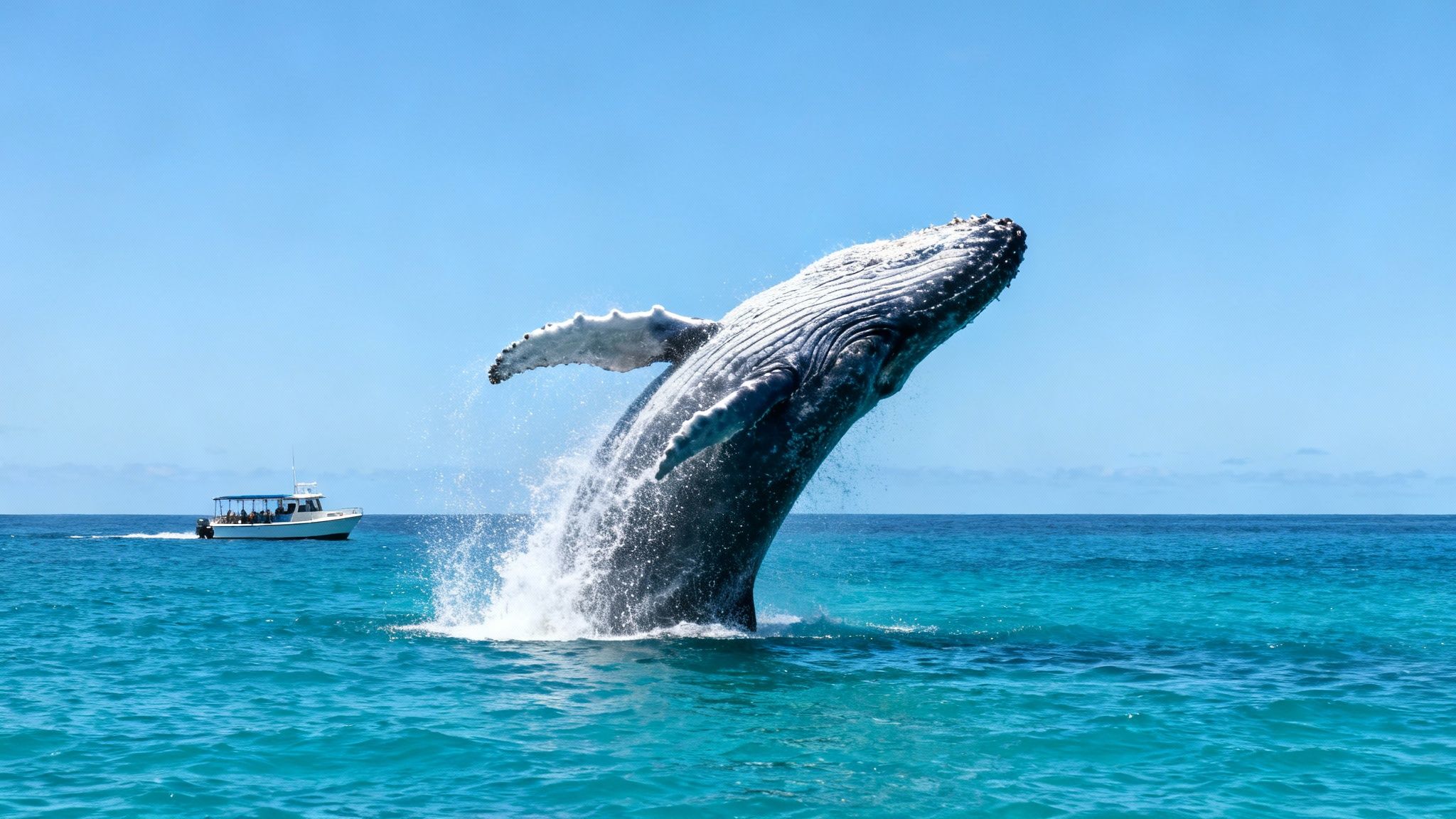 A massive humpback whale breaching out of the ocean water near the Big Island of Hawaii.