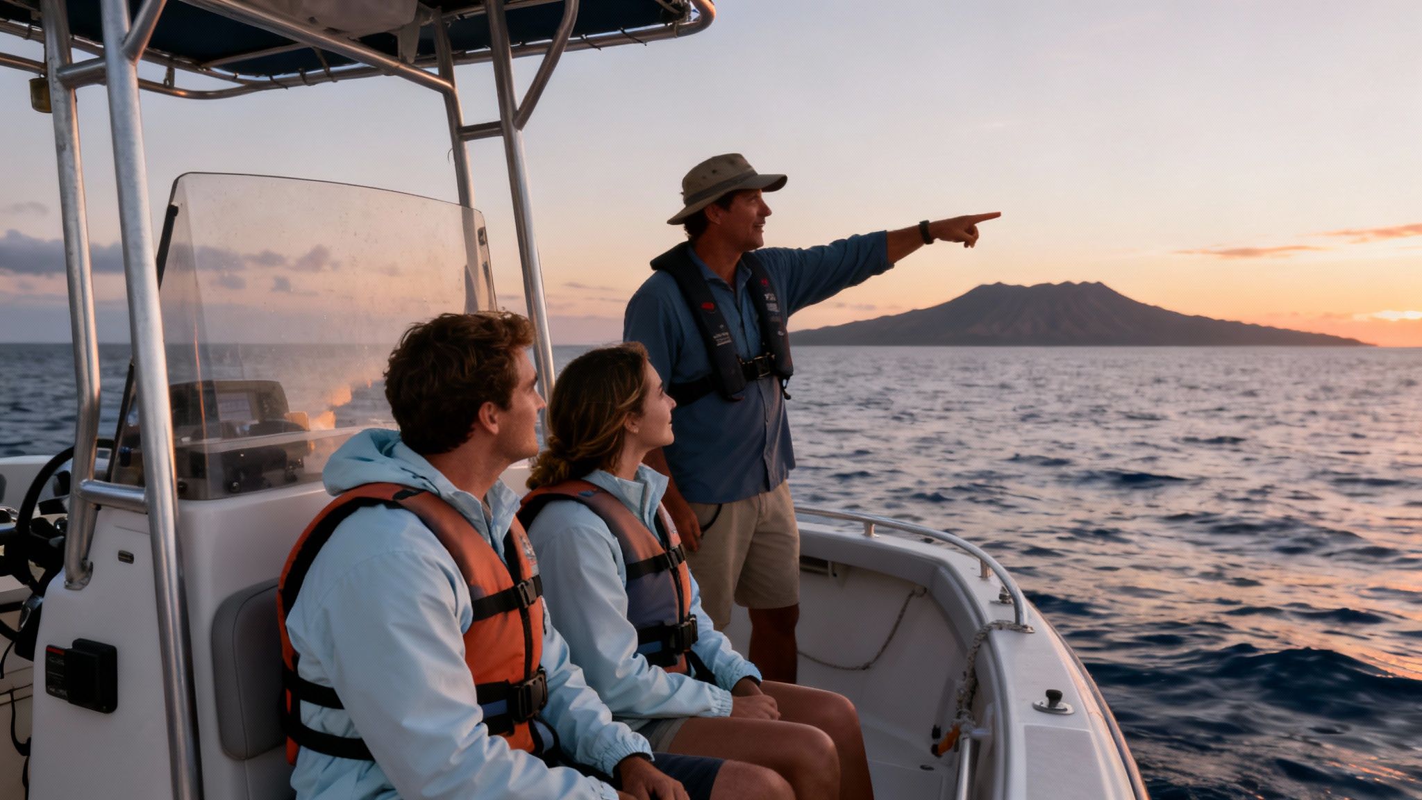 Three people on a boat at sunset, looking at a distant island pointed out by a guide.