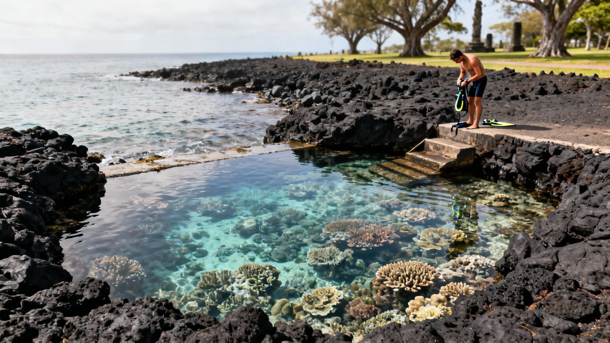 A man prepares to snorkel in a clear natural pool filled with colorful coral, surrounded by volcanic rock.