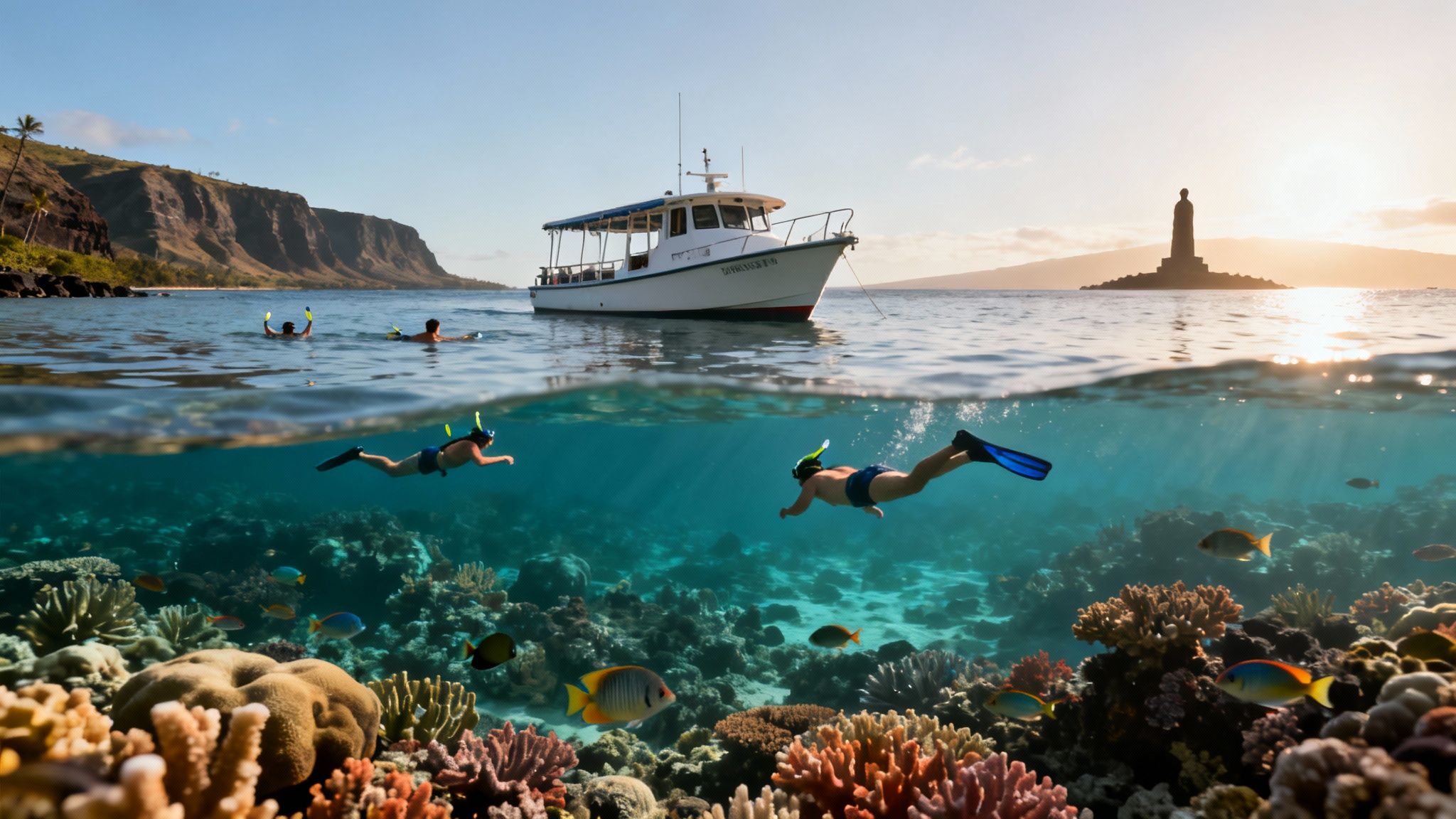 Split view showing people snorkeling with coral reefs and fish below, and a boat with sunset above.