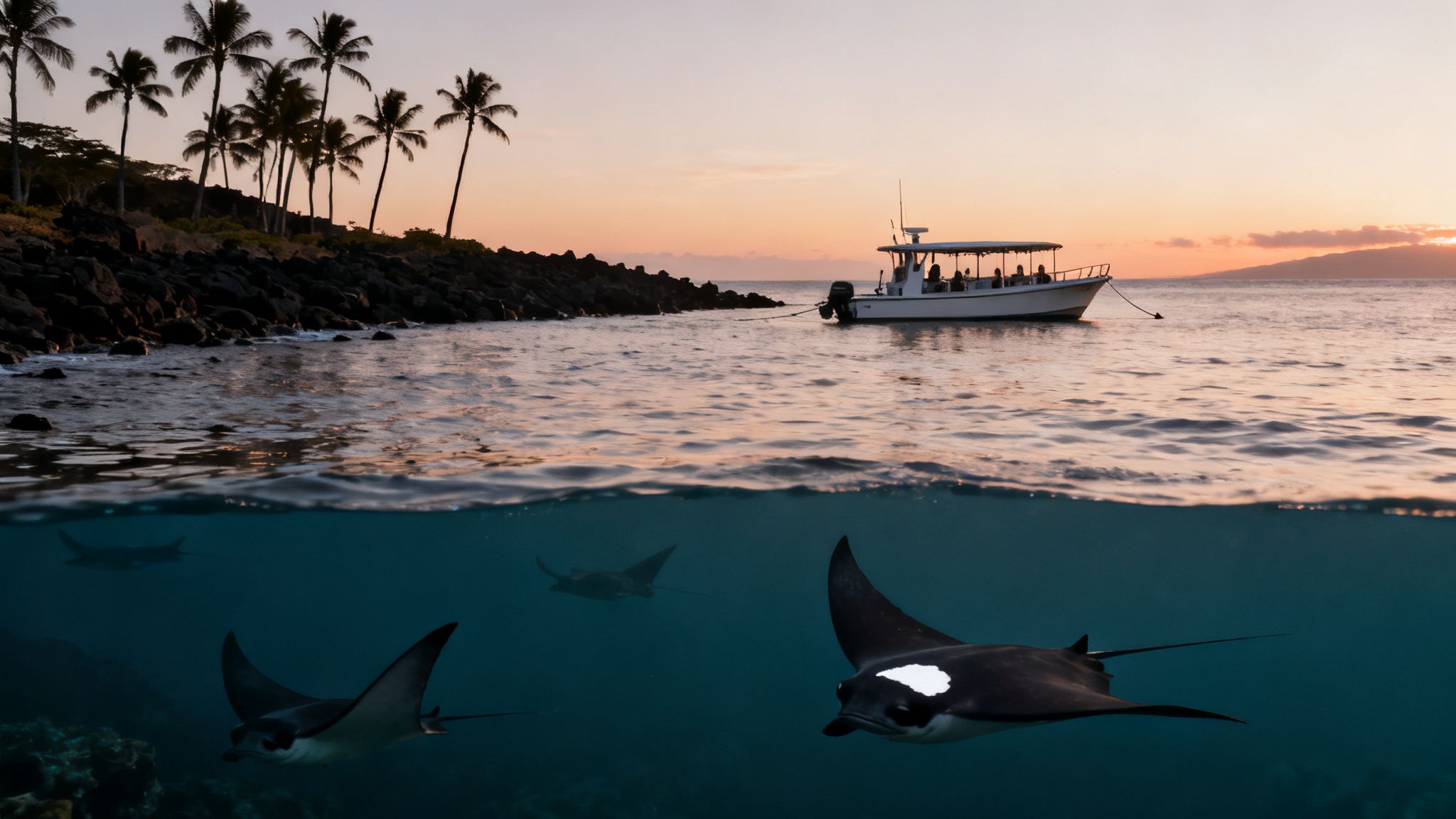 A split shot image showing manta rays swimming underwater and a boat with palm trees above at sunset.