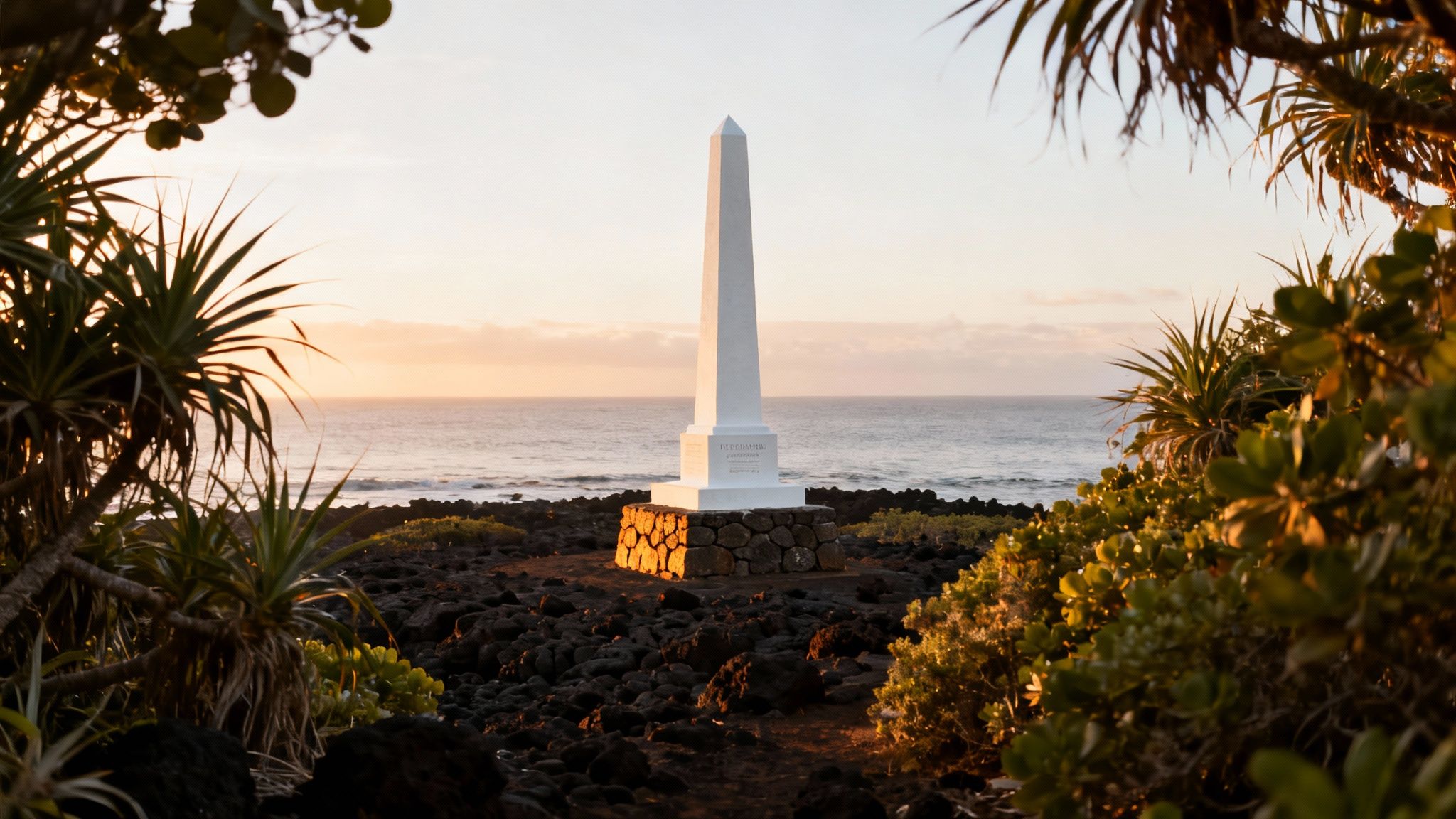 White obelisk overlooking a calm ocean at sunset, surrounded by volcanic rock and green foliage.