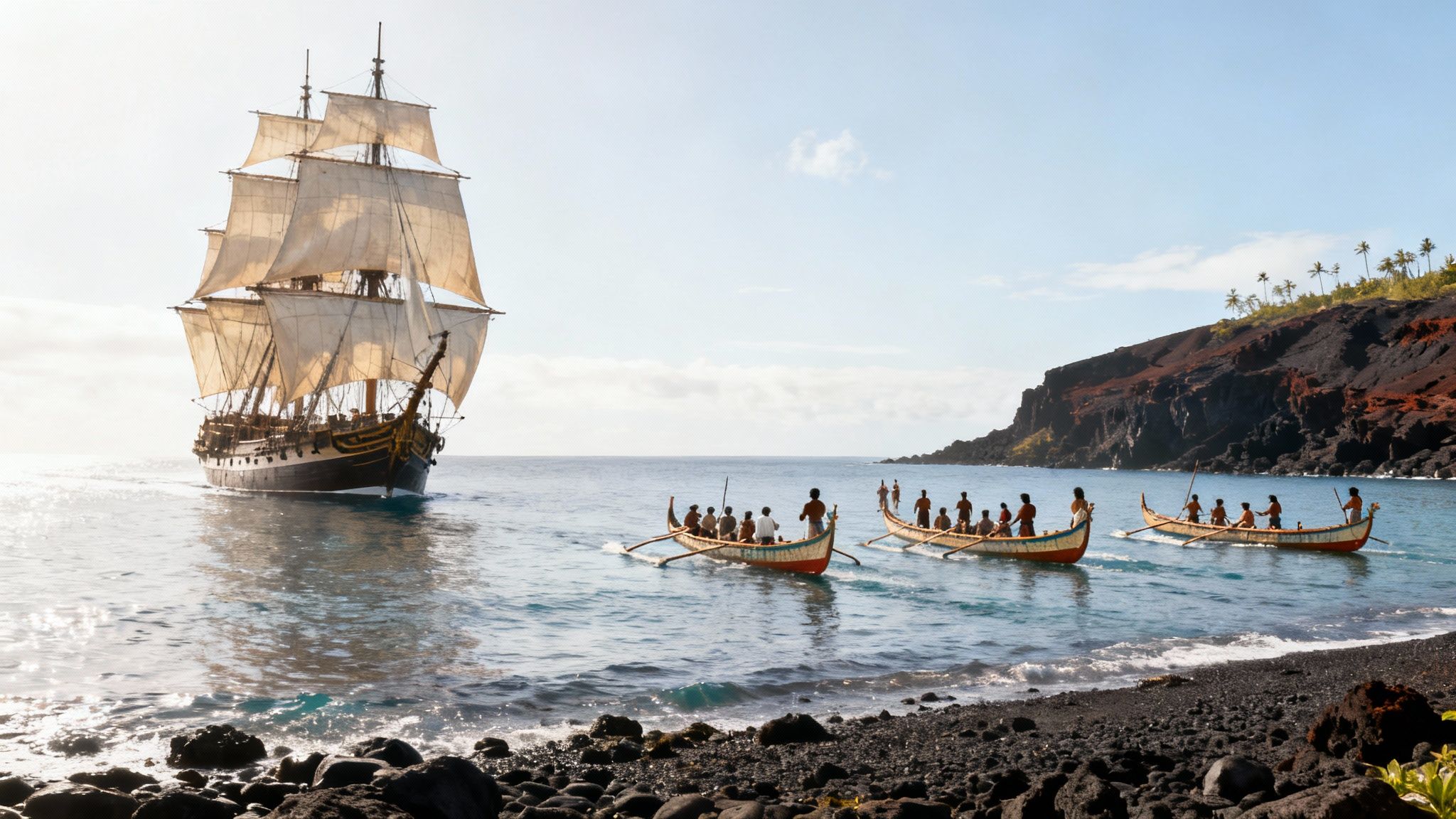 A majestic tall ship sails past three traditional canoes with islanders near a volcanic beach.