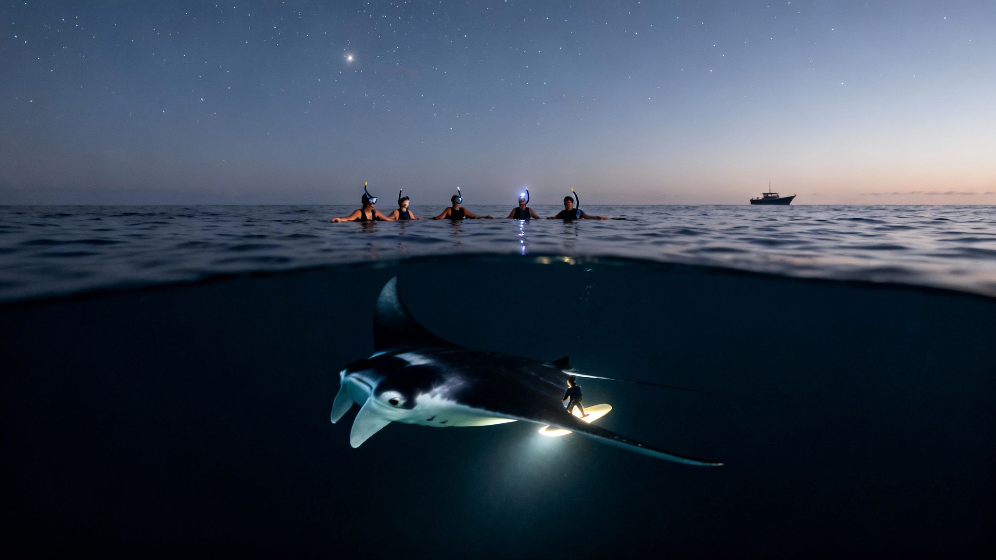 Split-level view of snorkelers watching a large manta ray illuminated at night under a starry sky.