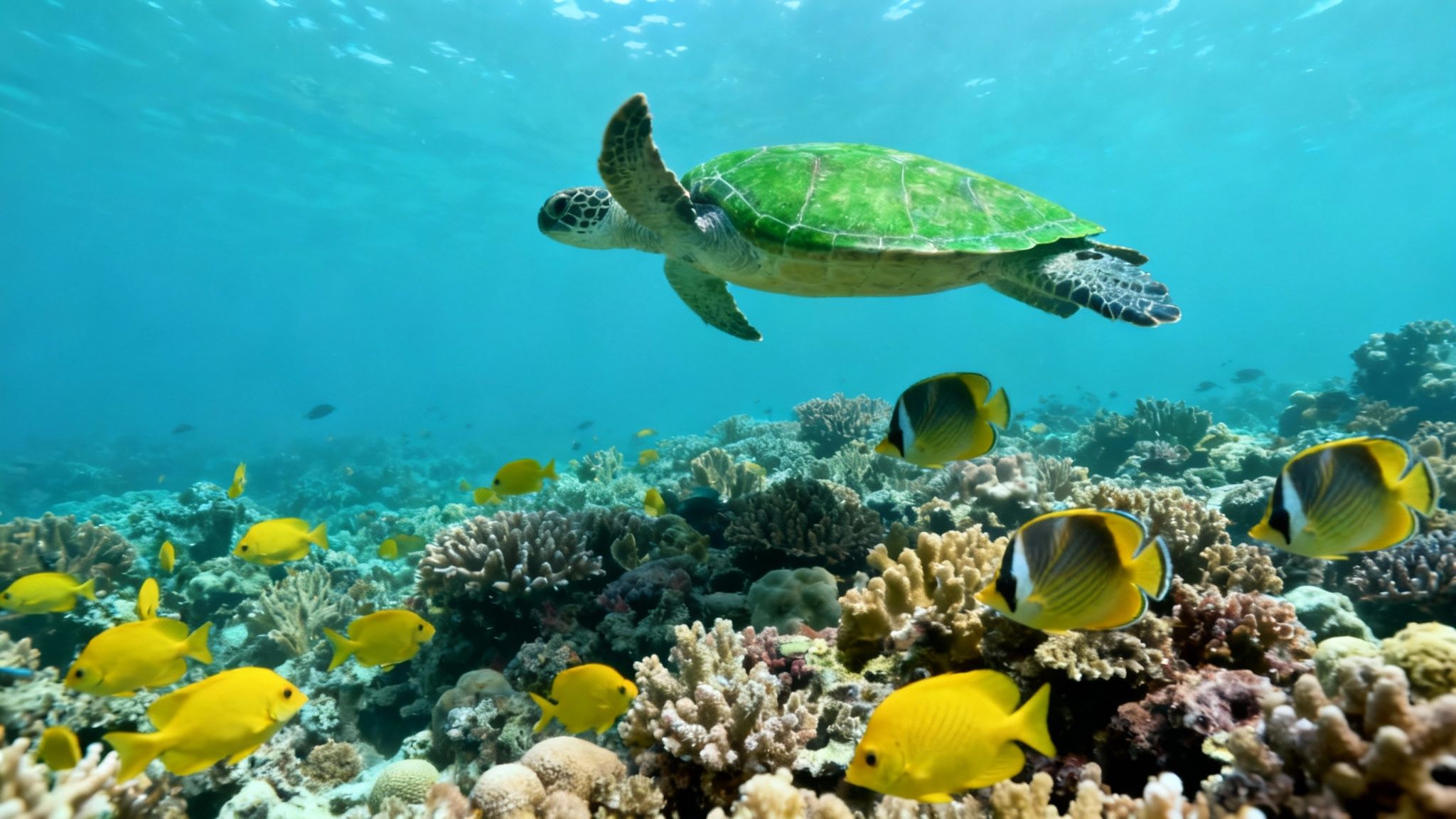 Snorkeler observing a school of yellow tang fish over a healthy coral reef