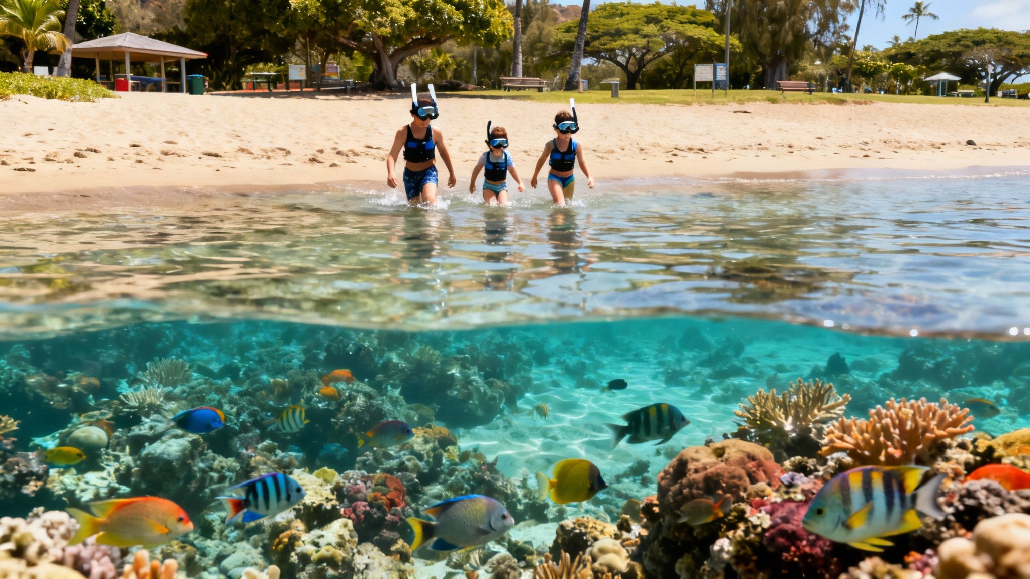 Three kids with snorkeling gear wade into the clear ocean, revealing a vibrant coral reef and fish below.