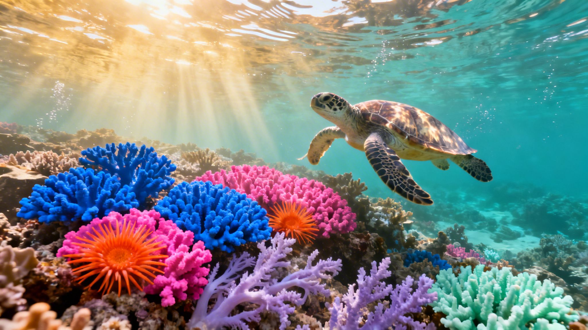 A sea turtle gracefully swims above a vibrant coral reef, featuring colorful blue, pink, and orange corals, illuminated by sun rays.