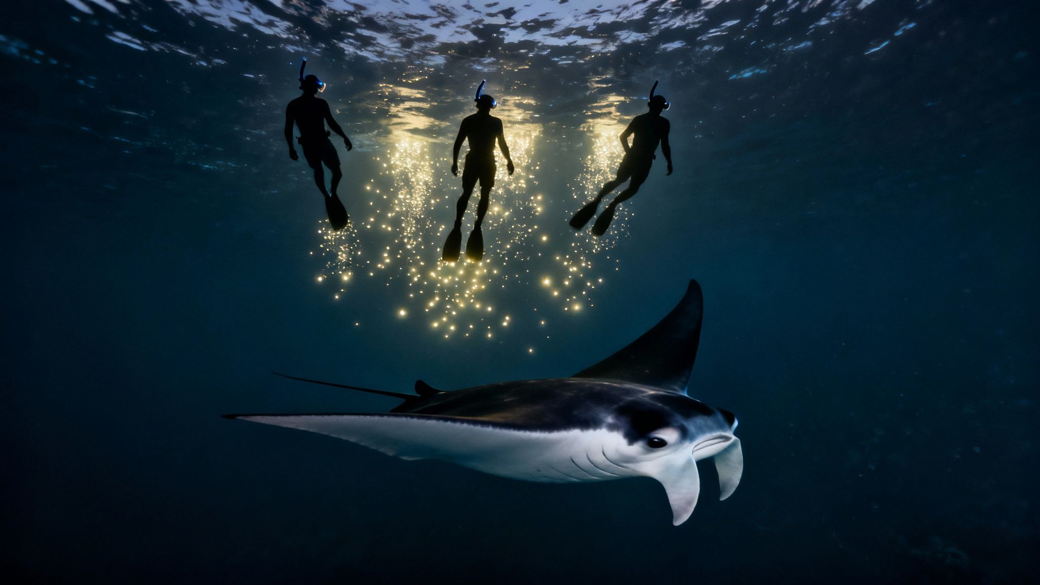 Three snorkelers illuminated by glowing water swim above a majestic manta ray.