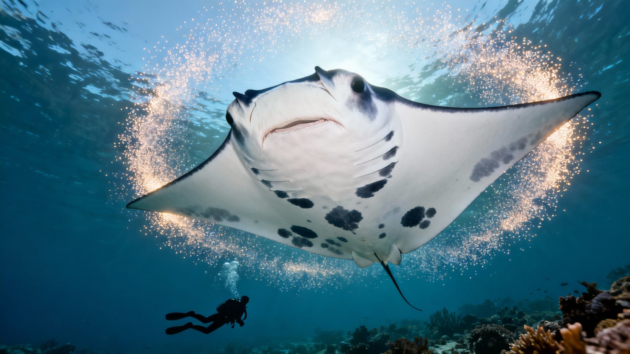 A majestic manta ray swims above a scuba diver, surrounded by a luminous circle underwater.