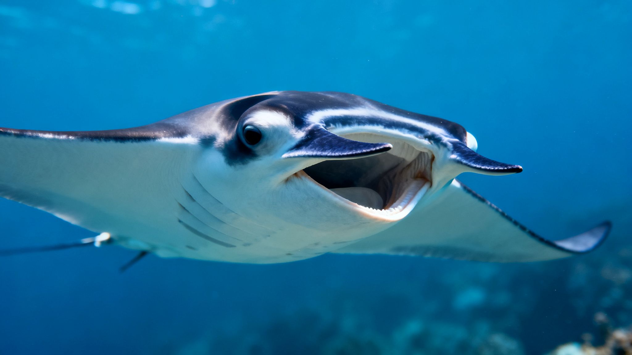 A majestic manta ray with a wide-open mouth feeding underwater in clear blue ocean.
