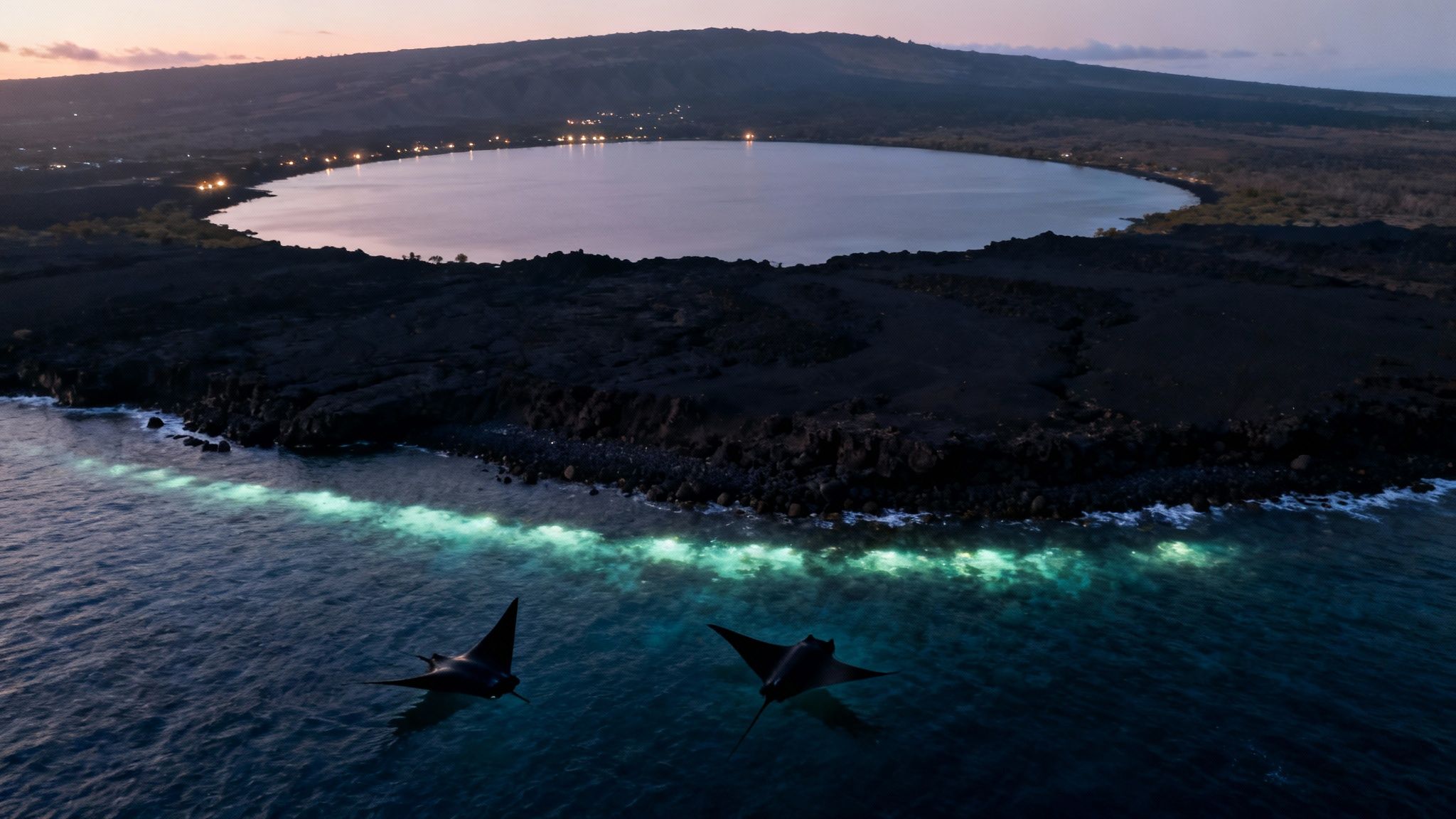 Aerial view of two manta rays swimming in glowing ocean water near a dark volcanic coastline at dusk.
