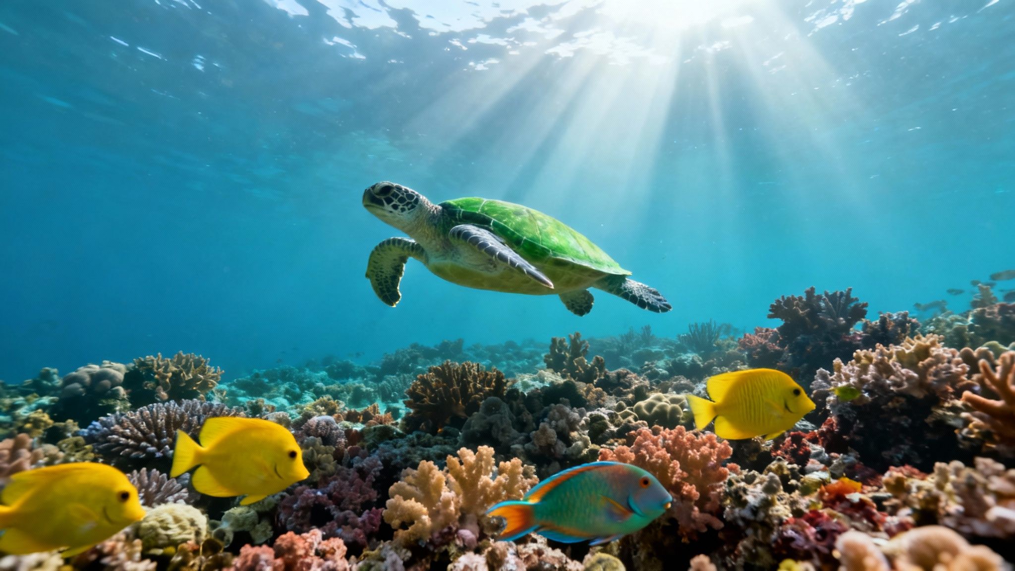 Sea turtle swimming above vibrant coral reef with tropical fish in clear blue ocean water